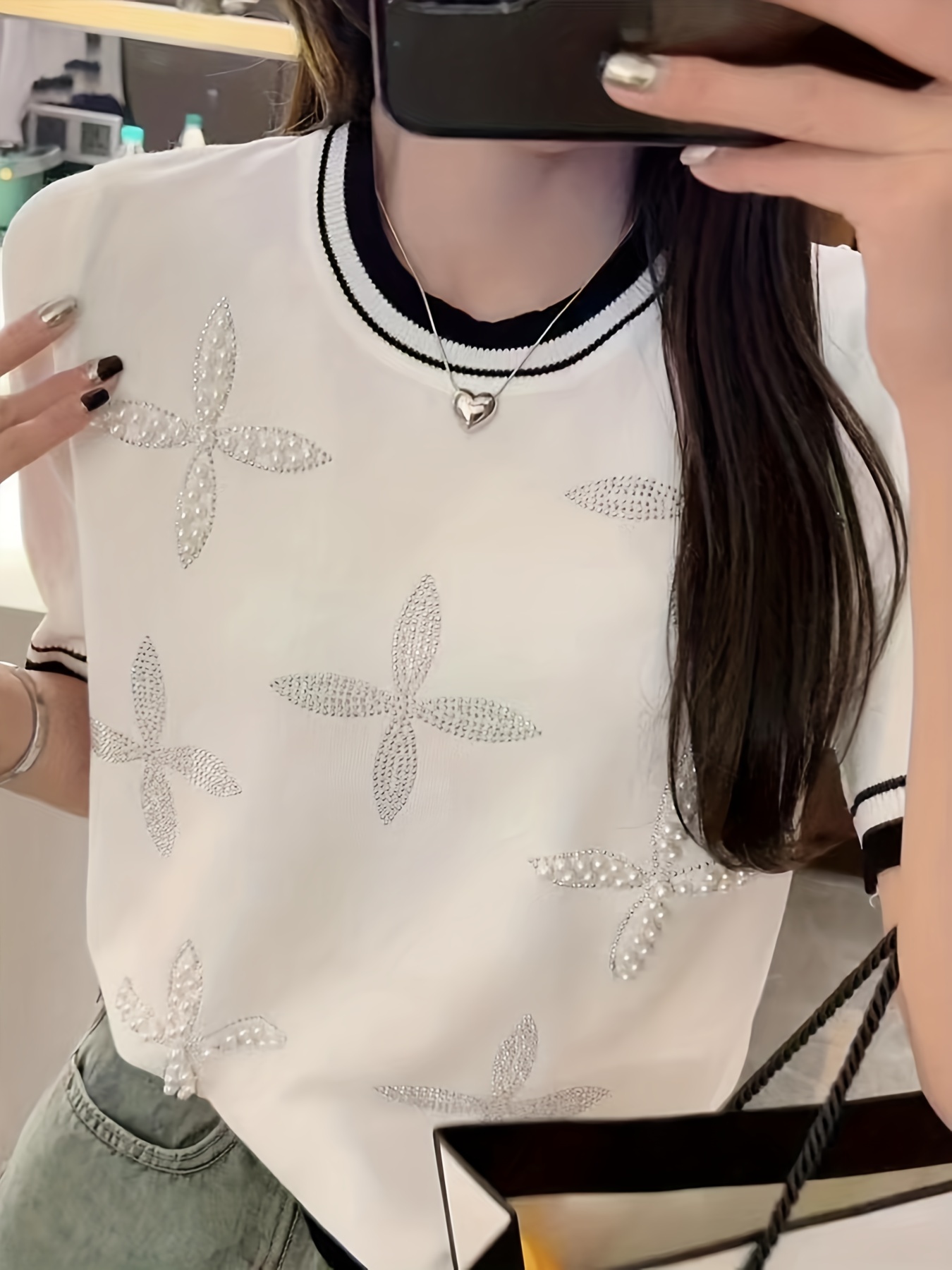 beaded rhinestone crew neck knitted top casual short sleeve sweater for spring summer womens clothing details 4