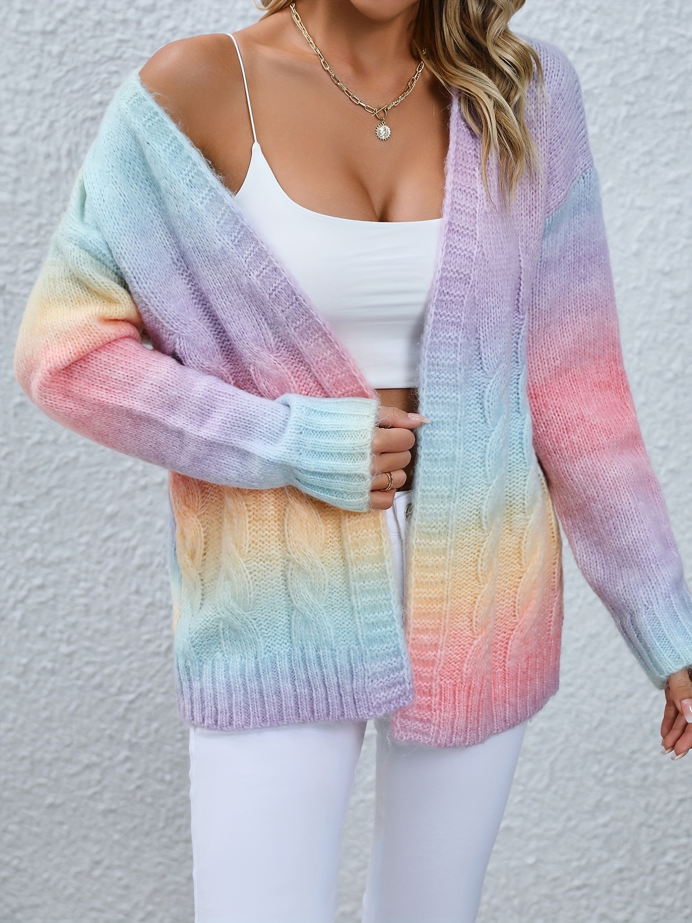 gradient open front v neck cardigan casual long sleeve cardigan for spring fall womens clothing details 2