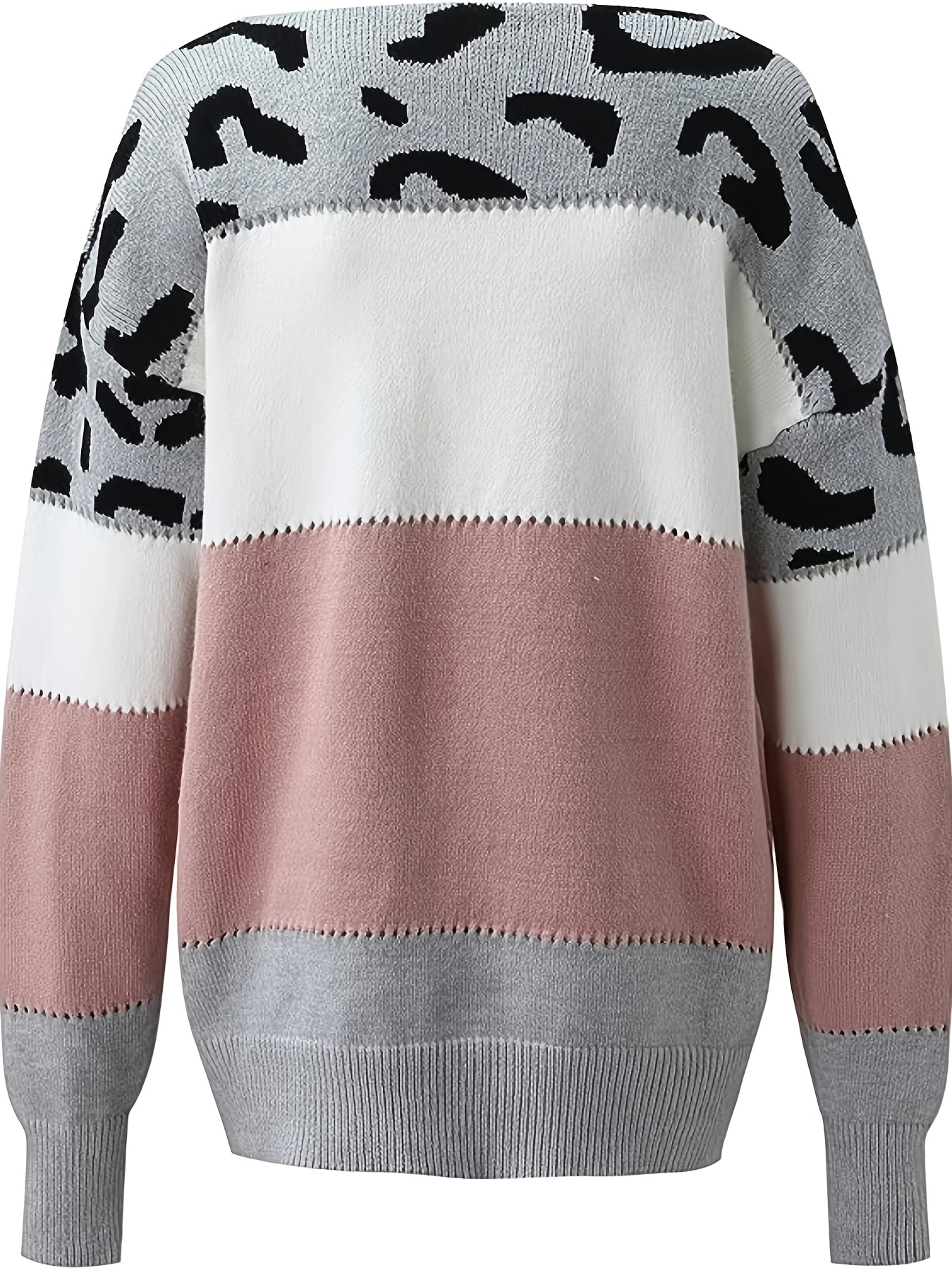 contrast leopard print boat neck pullover sweater casual long sleeve sweater for spring fall womens clothing details 0