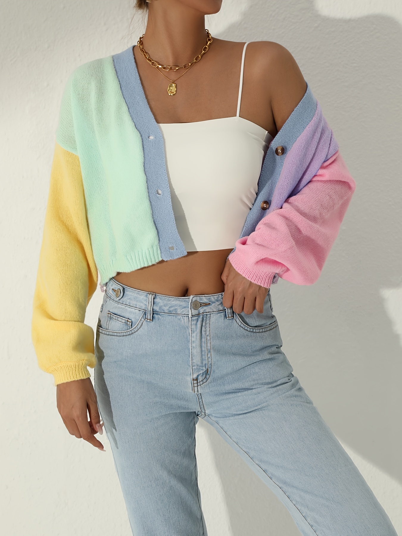 colorful long sleeve crop cardigan casual every day sweater for winter fall womens clothing details 0