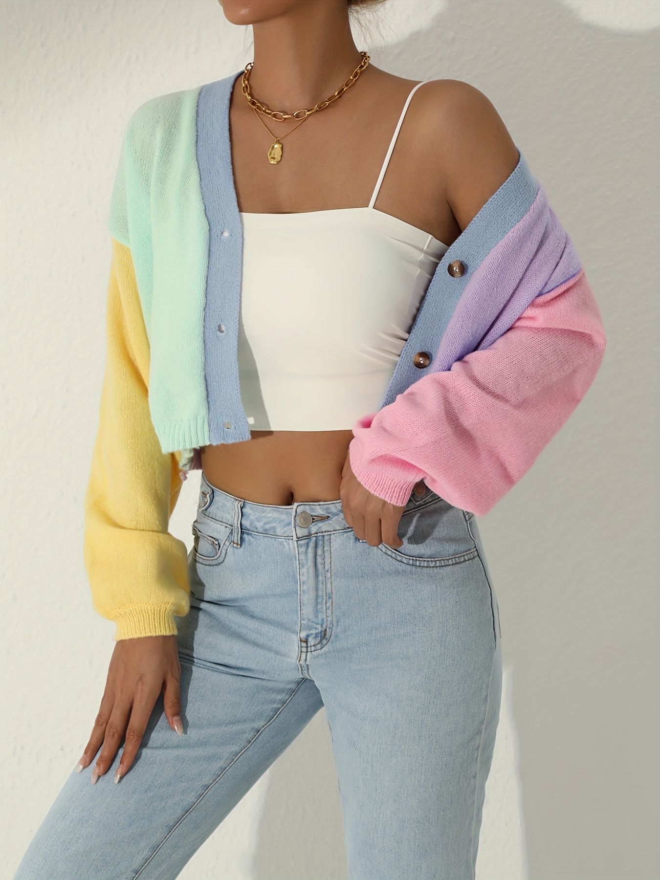 colorful long sleeve crop cardigan casual every day sweater for winter fall womens clothing details 1