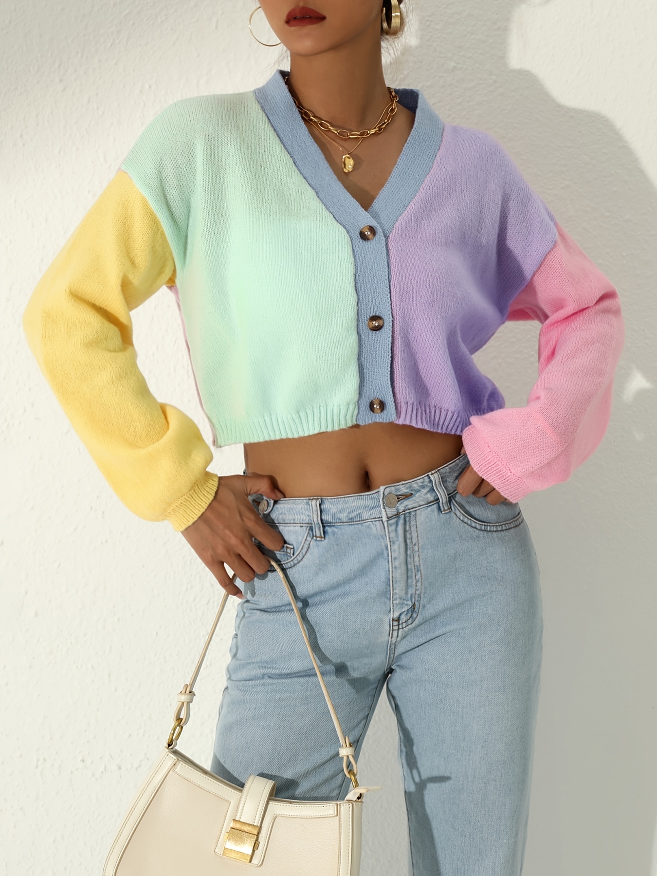 colorful long sleeve crop cardigan casual every day sweater for winter fall womens clothing details 2