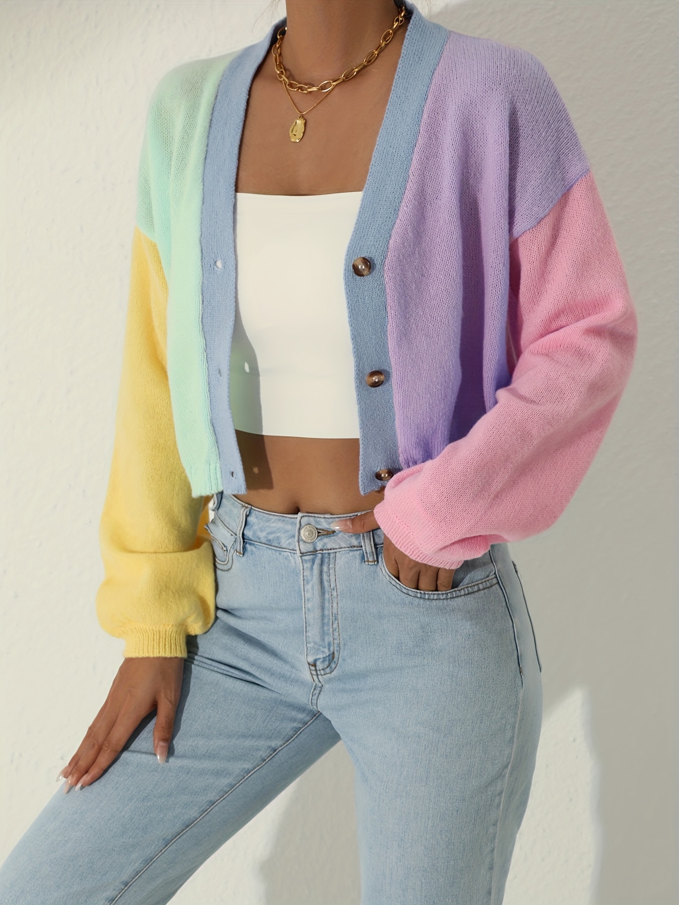 colorful long sleeve crop cardigan casual every day sweater for winter fall womens clothing details 3