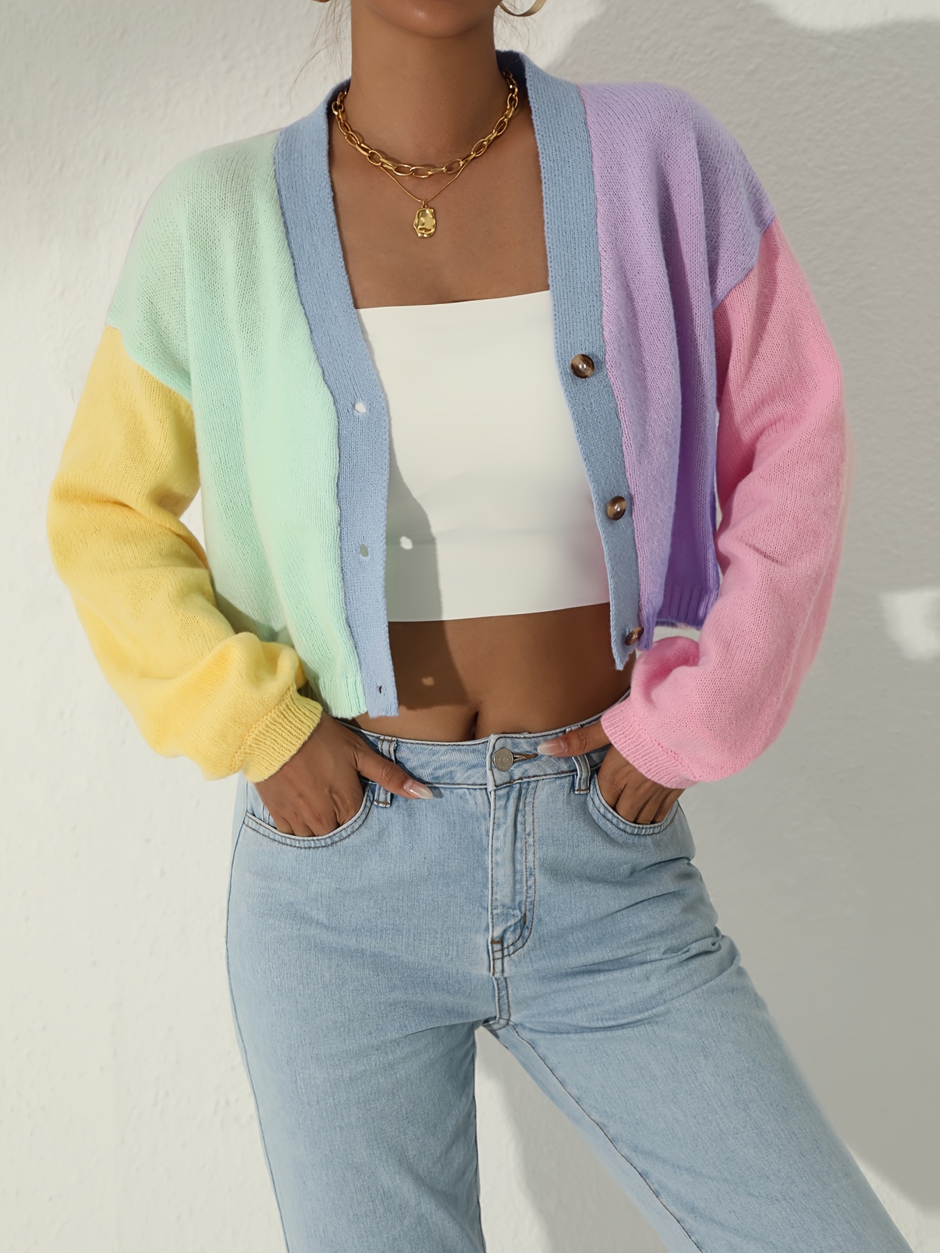 colorful long sleeve crop cardigan casual every day sweater for winter fall womens clothing details 5