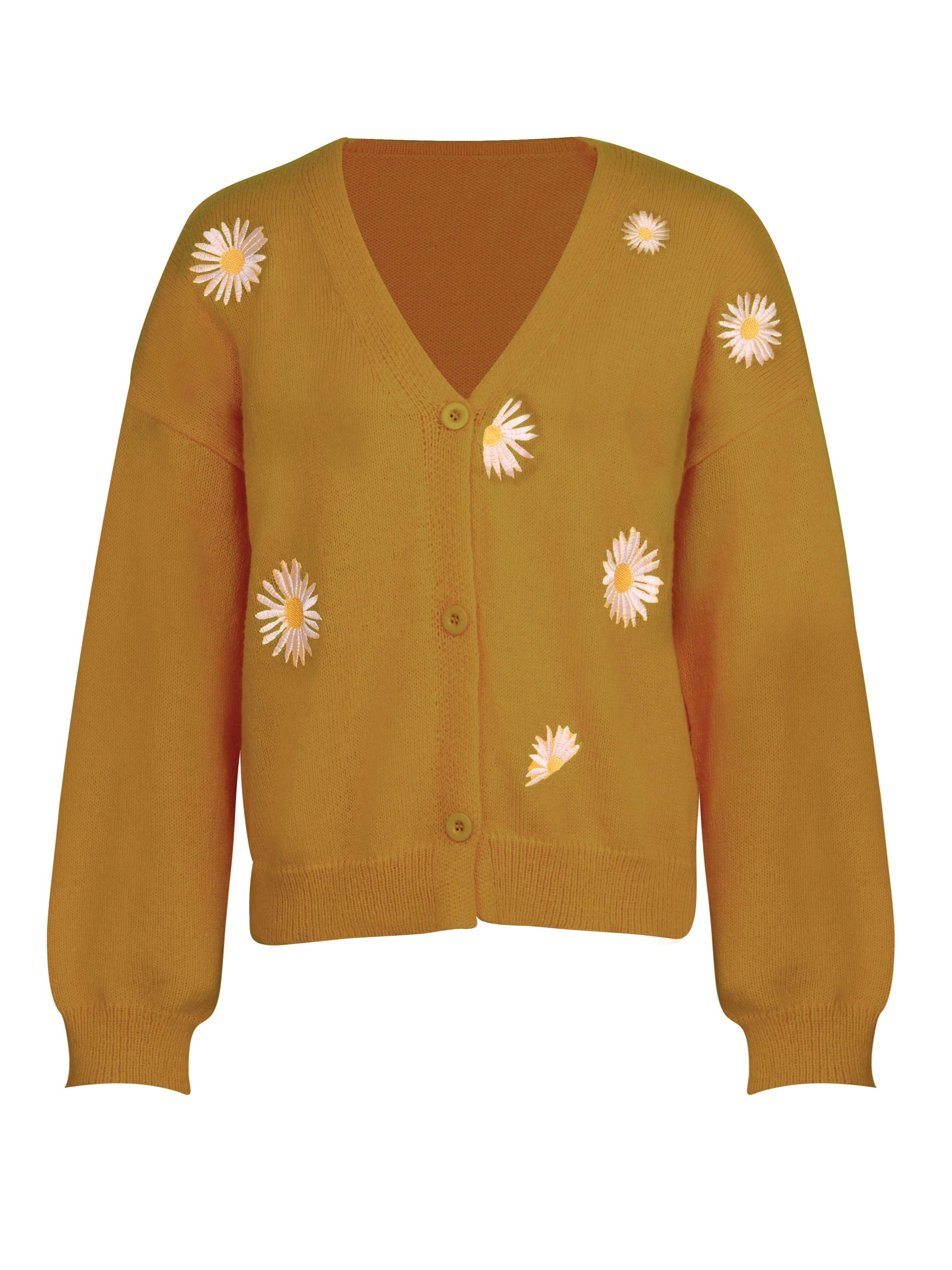 daisy pattern embroidered knitted cardigan button front elegant long sleeve sweater for spring fall womens clothing details 0