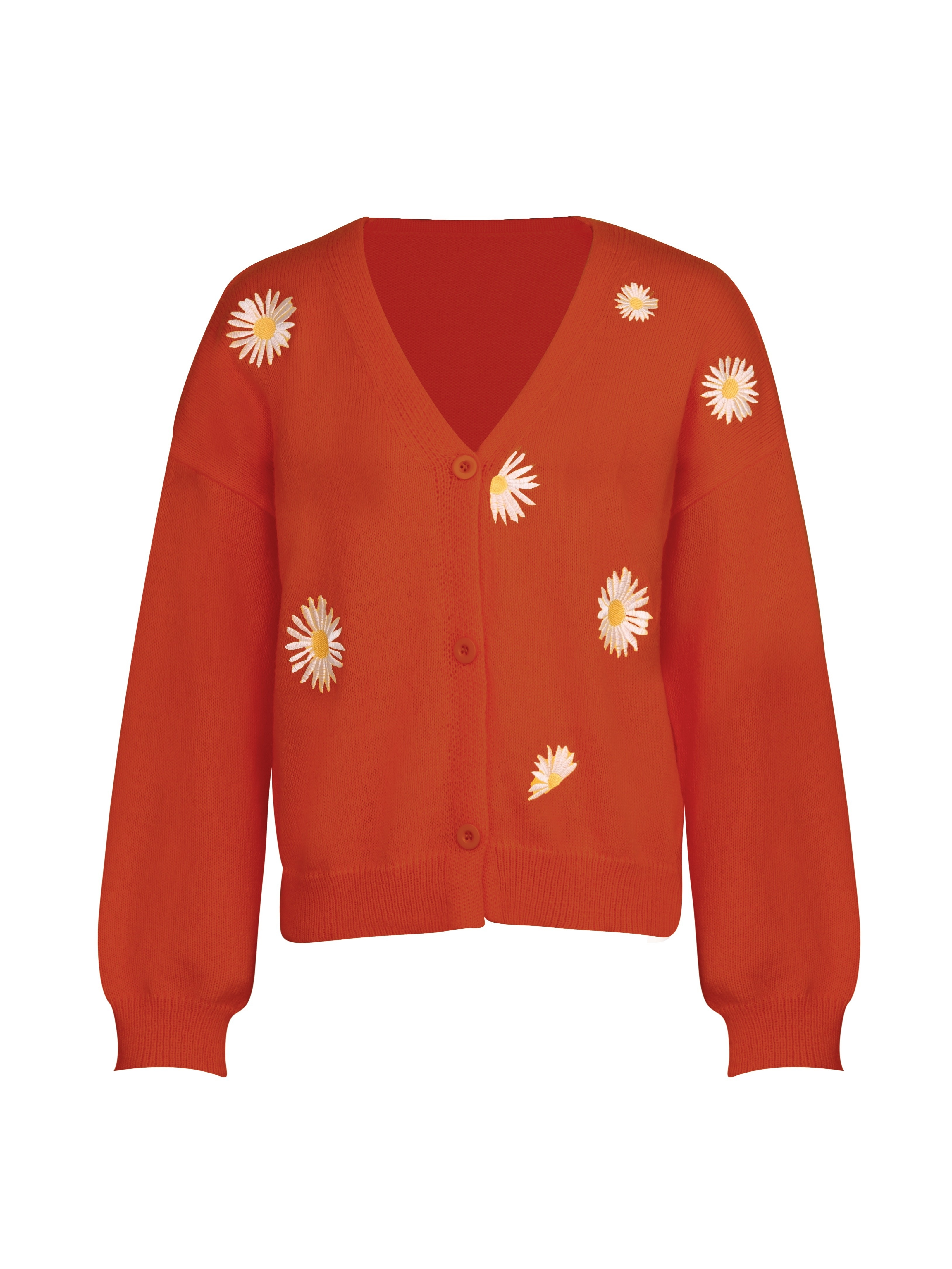 daisy pattern embroidered knitted cardigan button front elegant long sleeve sweater for spring fall womens clothing details 3