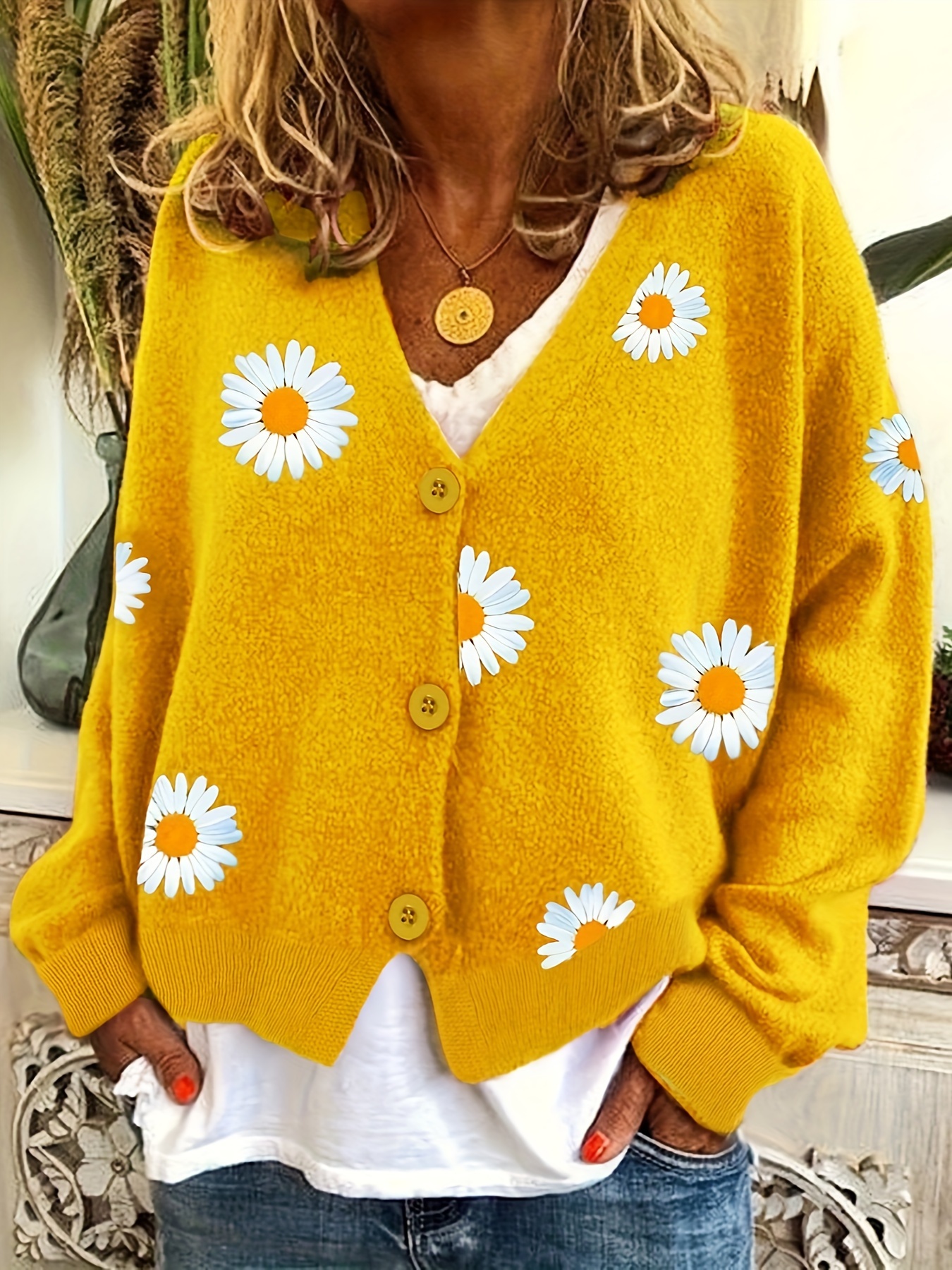 daisy pattern embroidered knitted cardigan button front elegant long sleeve sweater for spring fall womens clothing details 7