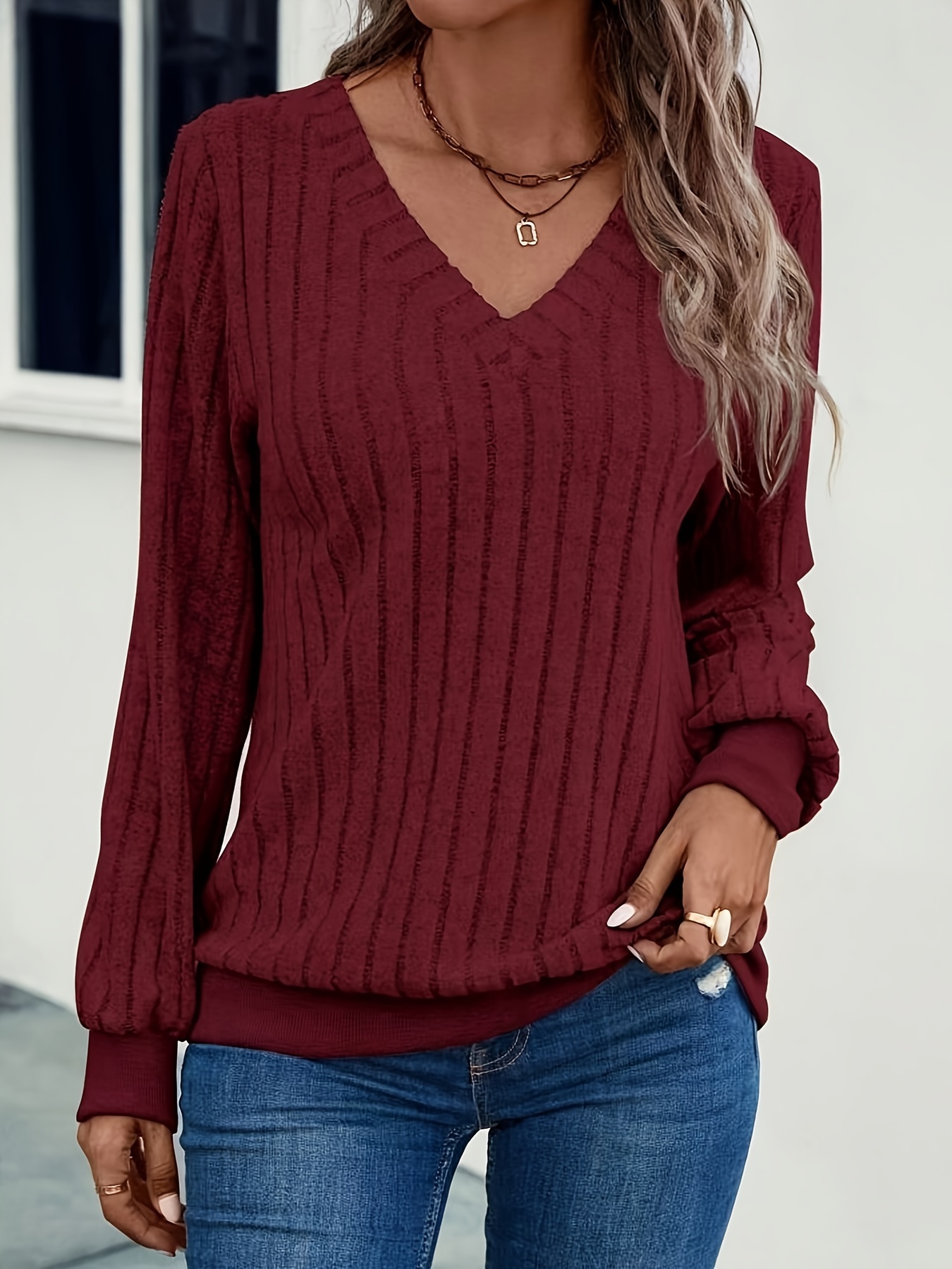 solid ribbed knitted pullover sweater casual v neck long sleeve sweater for fall winter womens clothing details 10
