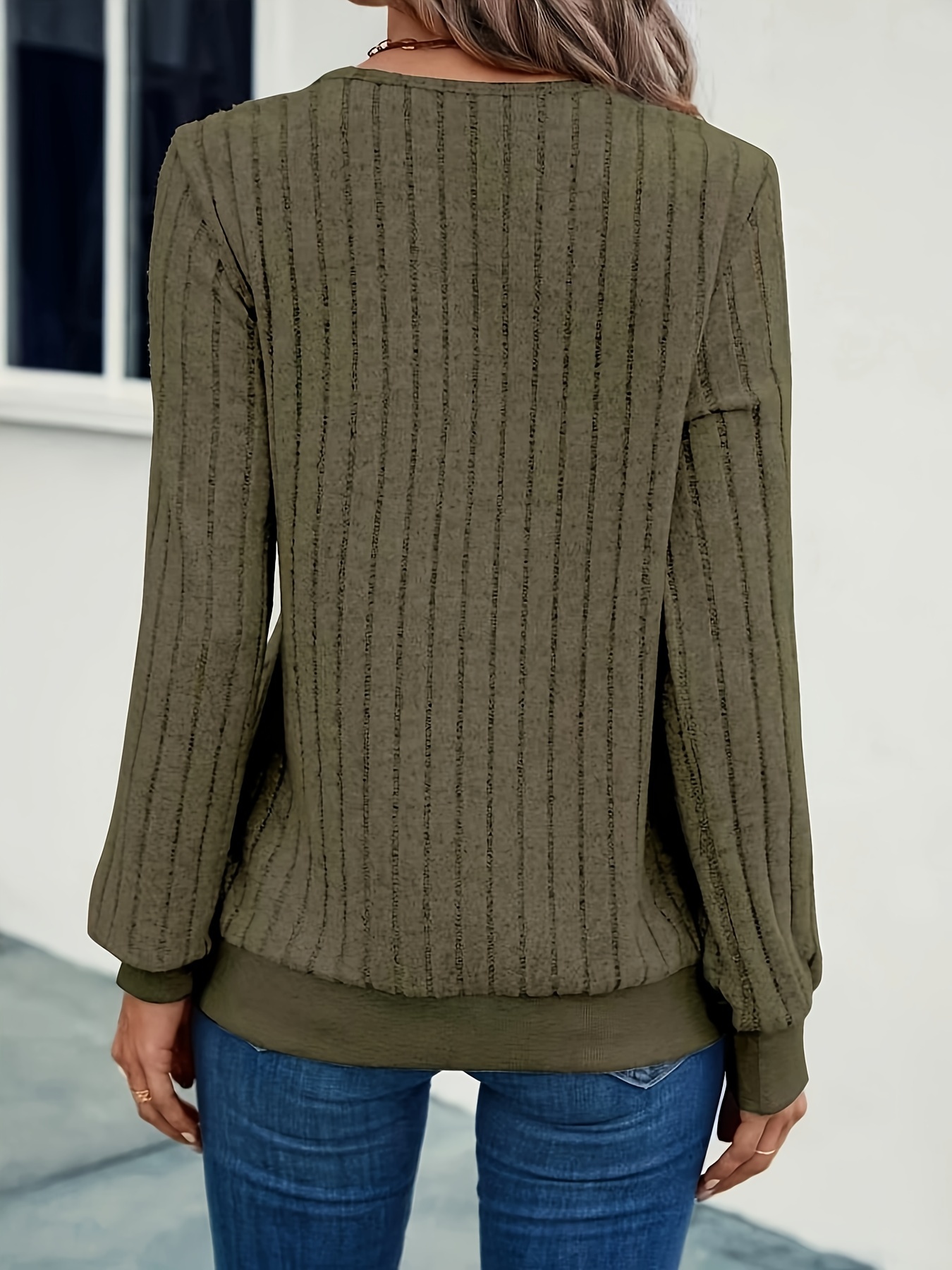 solid ribbed knitted pullover sweater casual v neck long sleeve sweater for fall winter womens clothing details 17