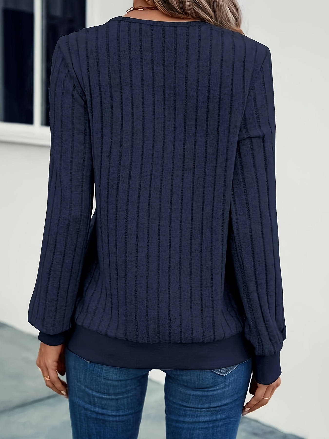 solid ribbed knitted pullover sweater casual v neck long sleeve sweater for fall winter womens clothing details 24