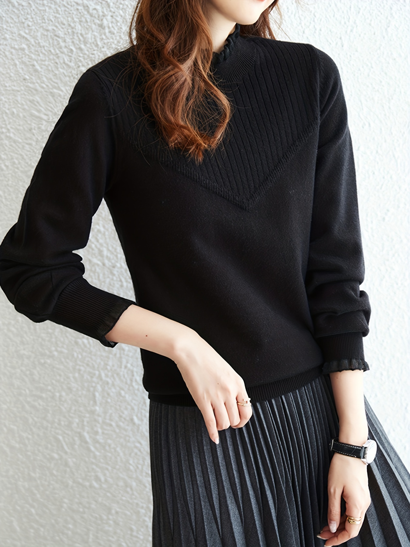 solid lace mock neck knitted top casual long sleeve versatile sweater womens clothing details 0