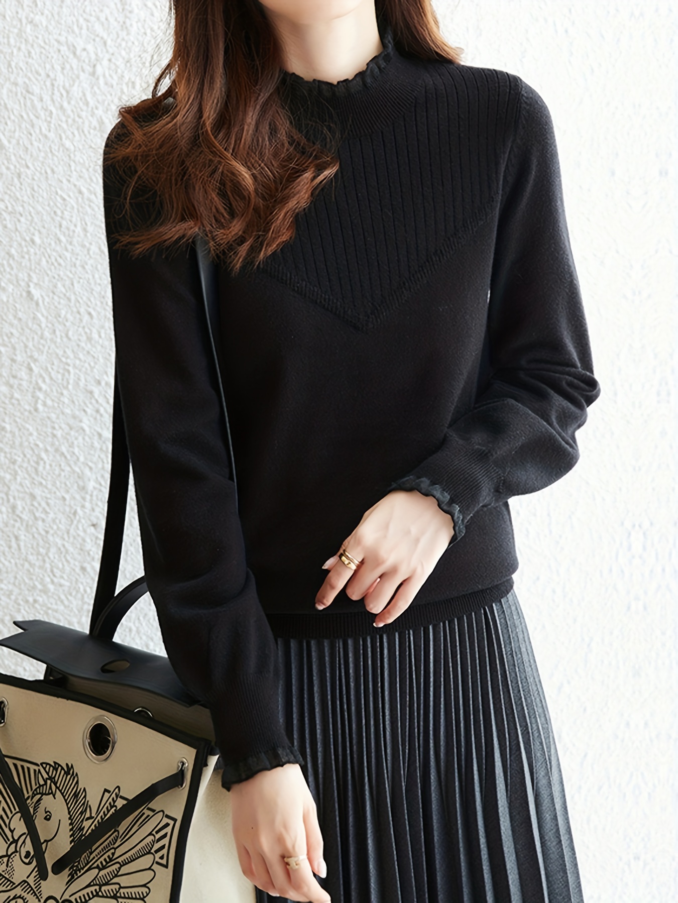 solid lace mock neck knitted top casual long sleeve versatile sweater womens clothing details 1