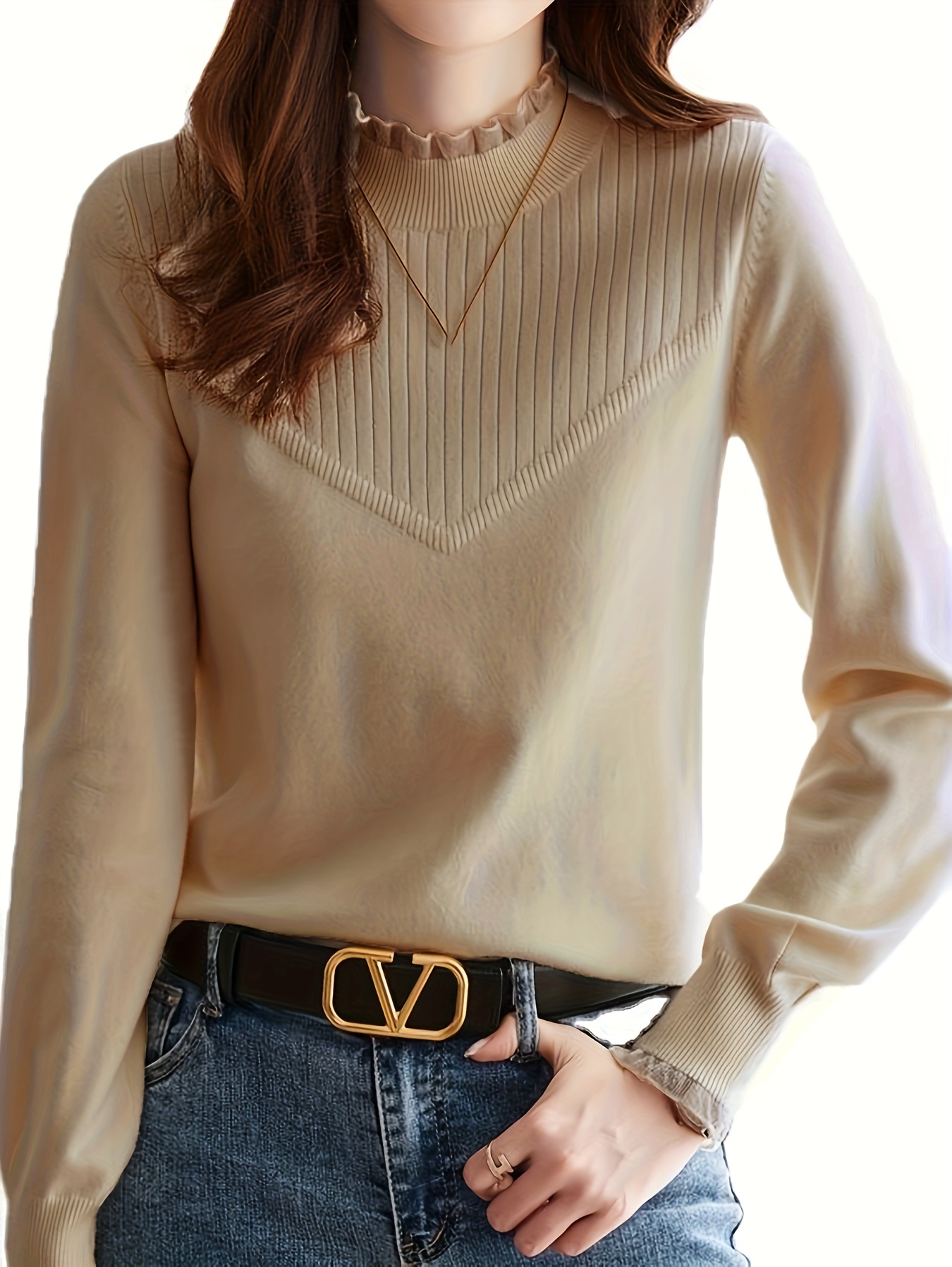 solid lace mock neck knitted top casual long sleeve versatile sweater womens clothing details 2