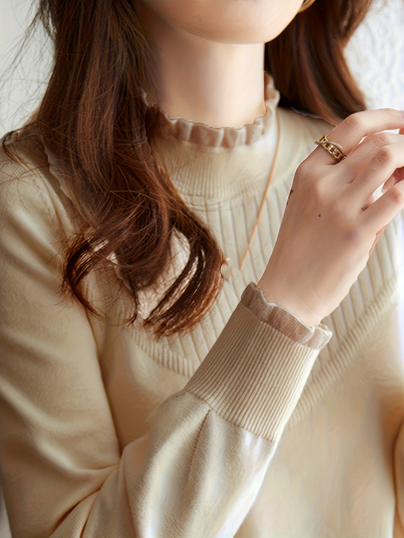 solid lace mock neck knitted top casual long sleeve versatile sweater womens clothing details 3