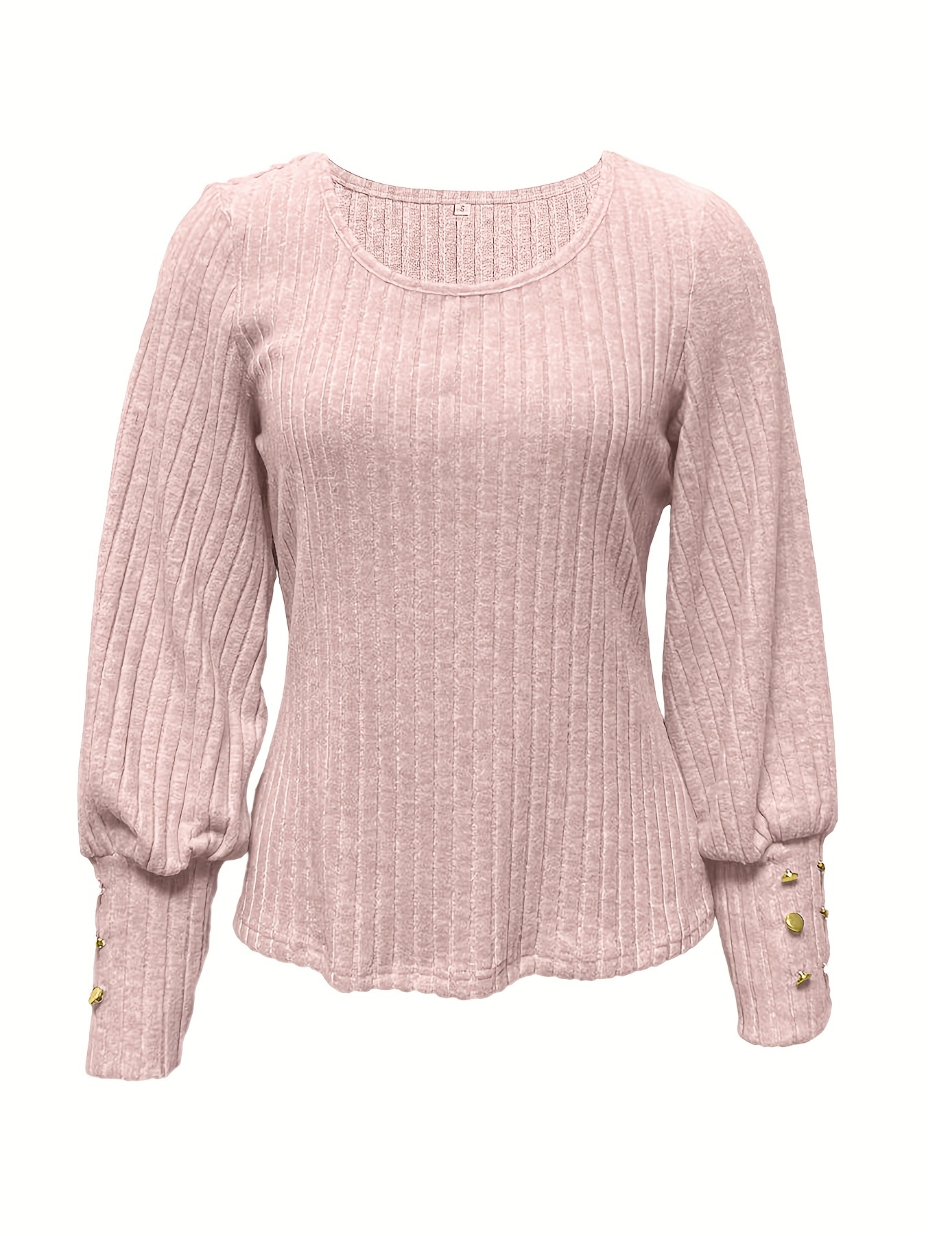 solid ribbed crew neck sweater casual long sleeve button decor sweater womens clothing details 2