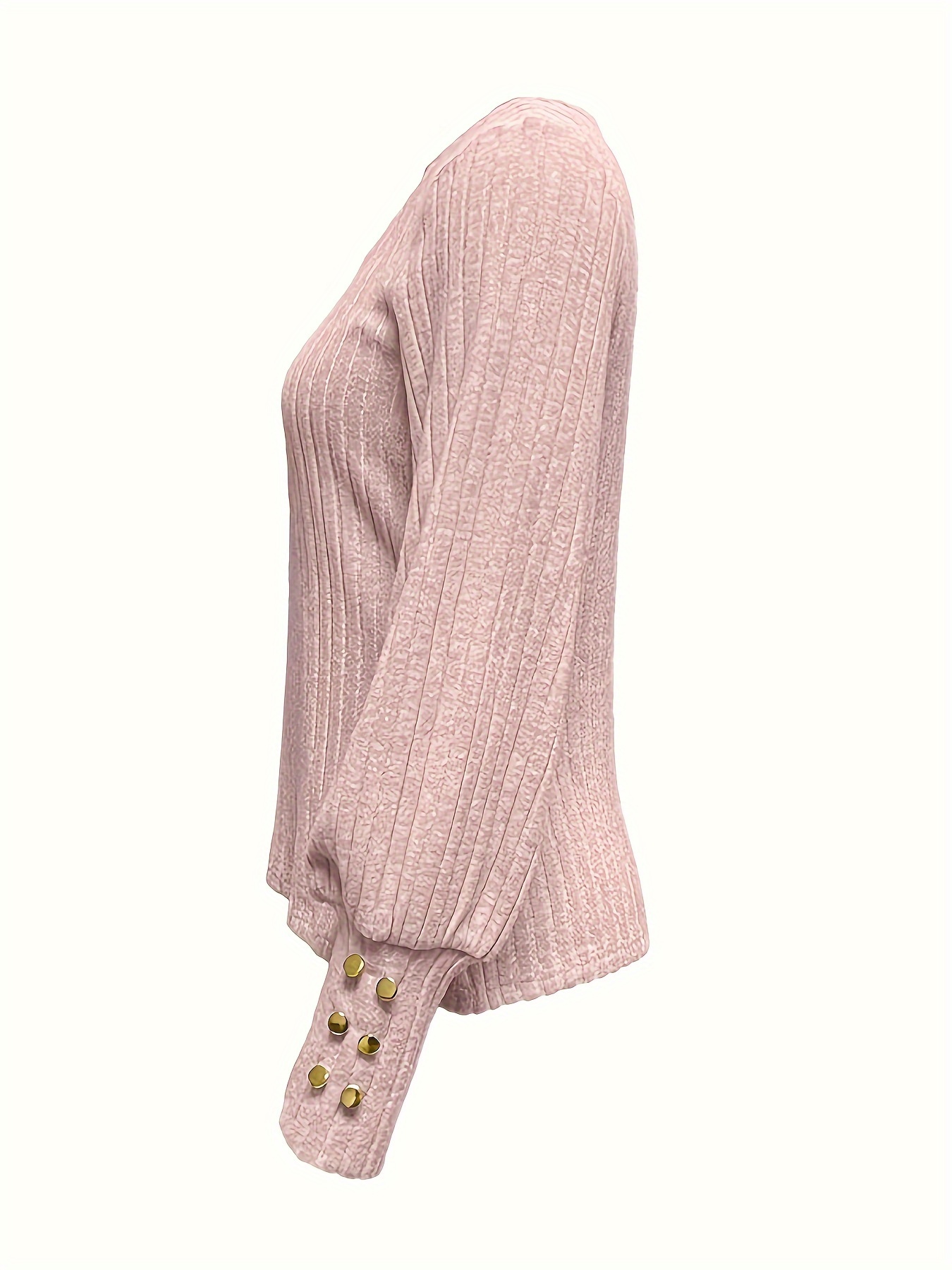 solid ribbed crew neck sweater casual long sleeve button decor sweater womens clothing details 3