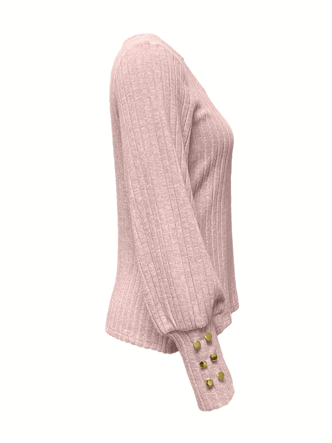 solid ribbed crew neck sweater casual long sleeve button decor sweater womens clothing details 4