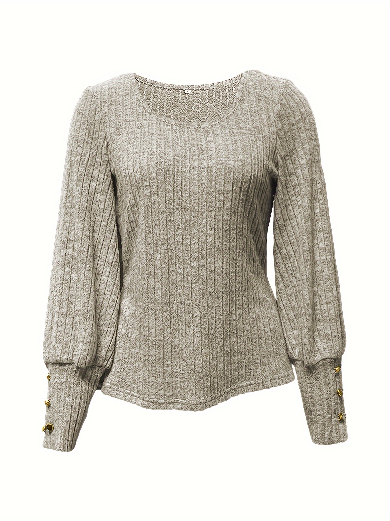 solid ribbed crew neck sweater casual long sleeve button decor sweater womens clothing details 7