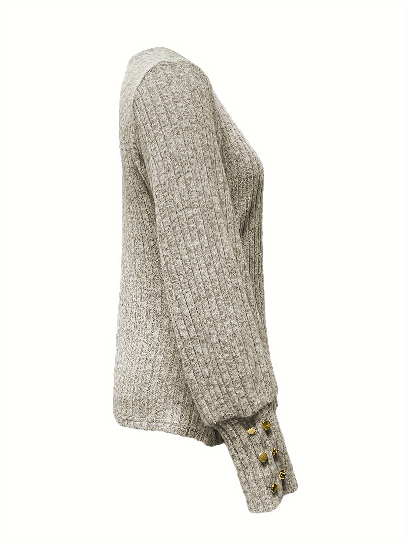 solid ribbed crew neck sweater casual long sleeve button decor sweater womens clothing details 8