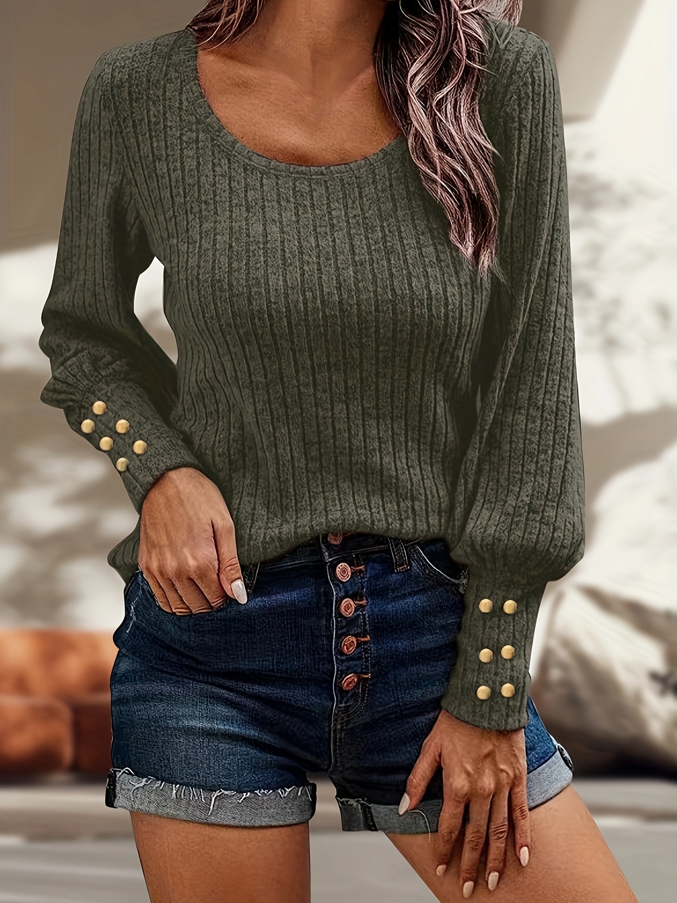 solid ribbed crew neck sweater casual long sleeve button decor sweater womens clothing details 10