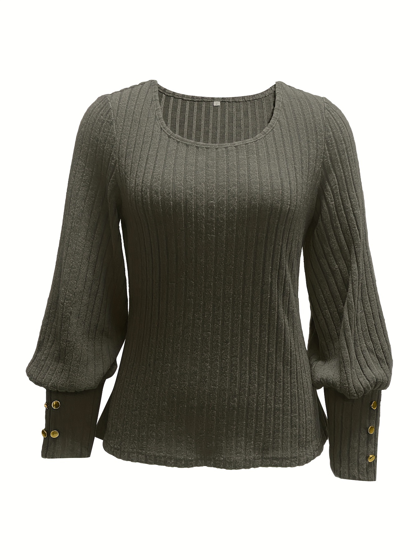 solid ribbed crew neck sweater casual long sleeve button decor sweater womens clothing details 12
