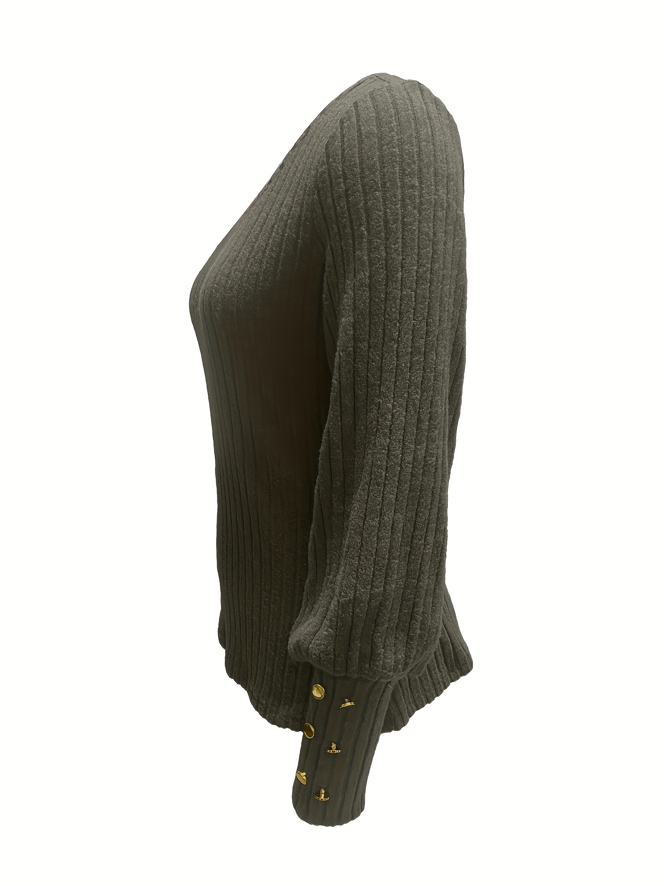 solid ribbed crew neck sweater casual long sleeve button decor sweater womens clothing details 13