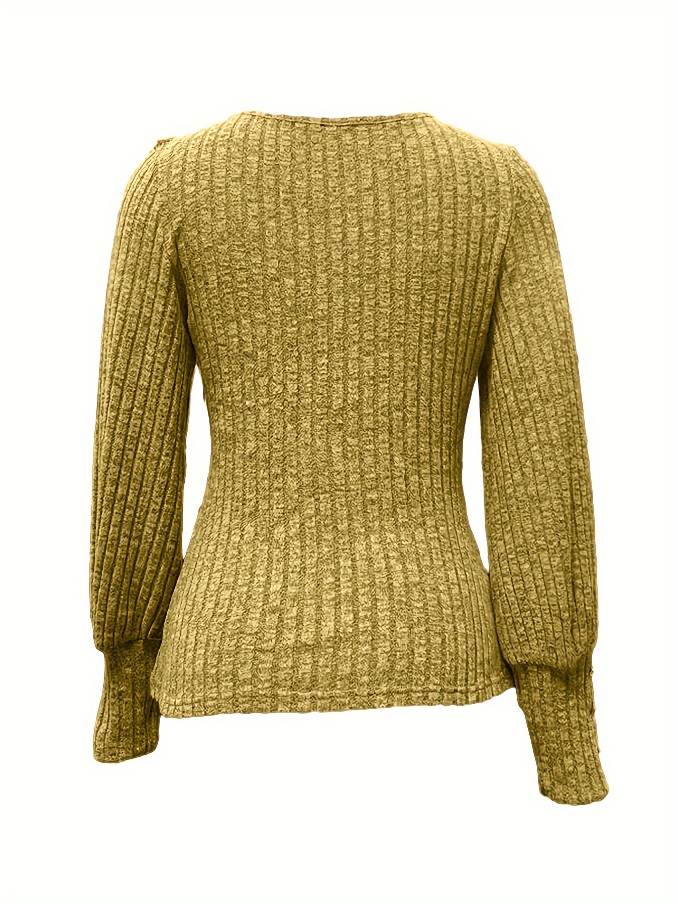solid ribbed crew neck sweater casual long sleeve button decor sweater womens clothing details 16