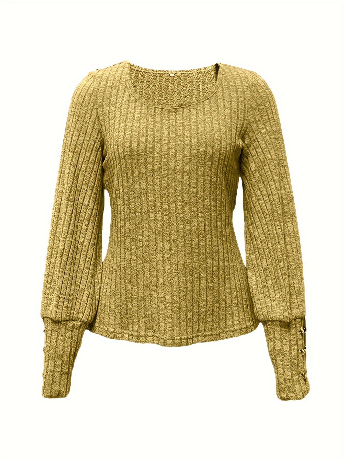 solid ribbed crew neck sweater casual long sleeve button decor sweater womens clothing details 17