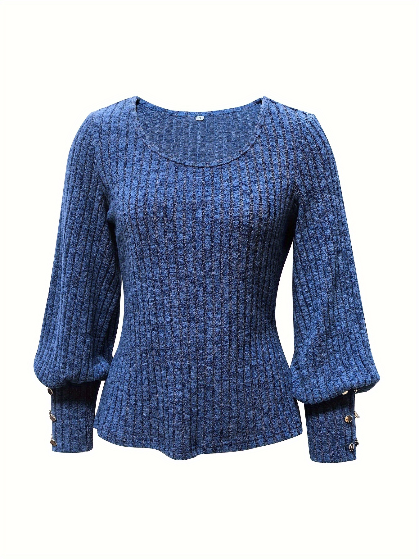 solid ribbed crew neck sweater casual long sleeve button decor sweater womens clothing details 22