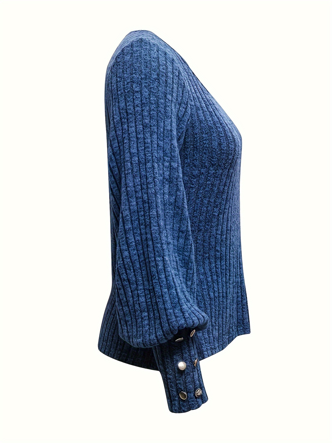 solid ribbed crew neck sweater casual long sleeve button decor sweater womens clothing details 23