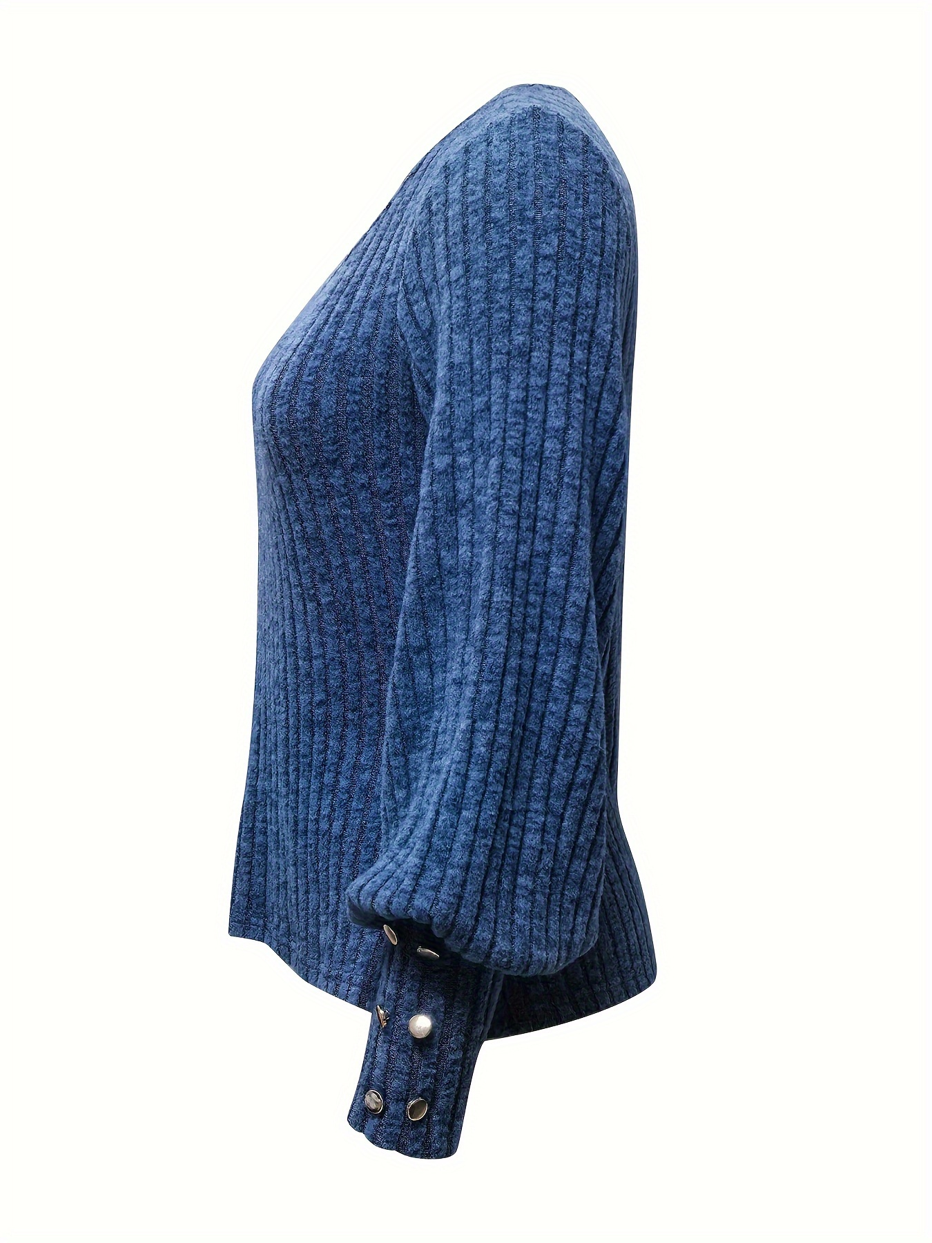 solid ribbed crew neck sweater casual long sleeve button decor sweater womens clothing details 24