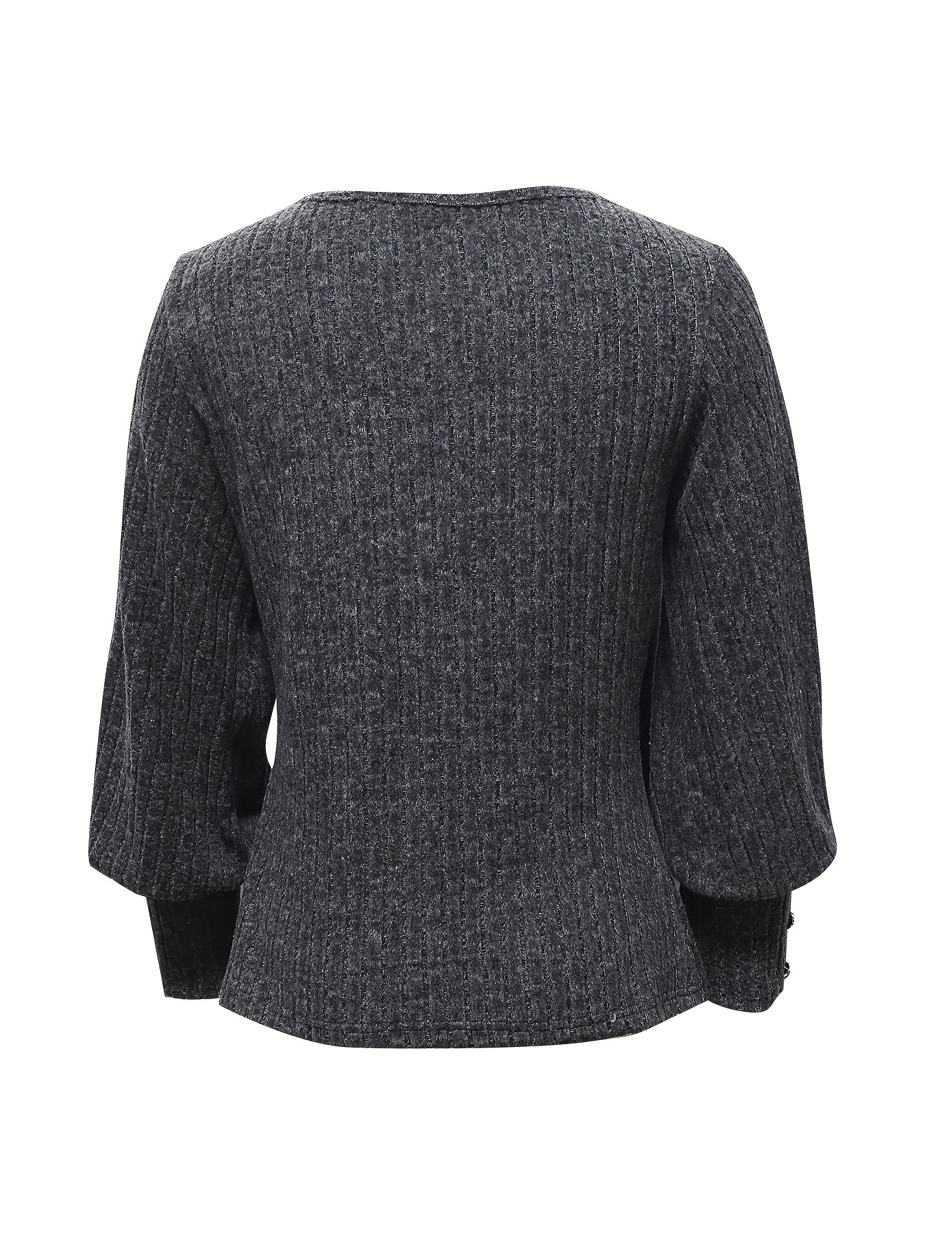 solid ribbed crew neck sweater casual long sleeve button decor sweater womens clothing details 26