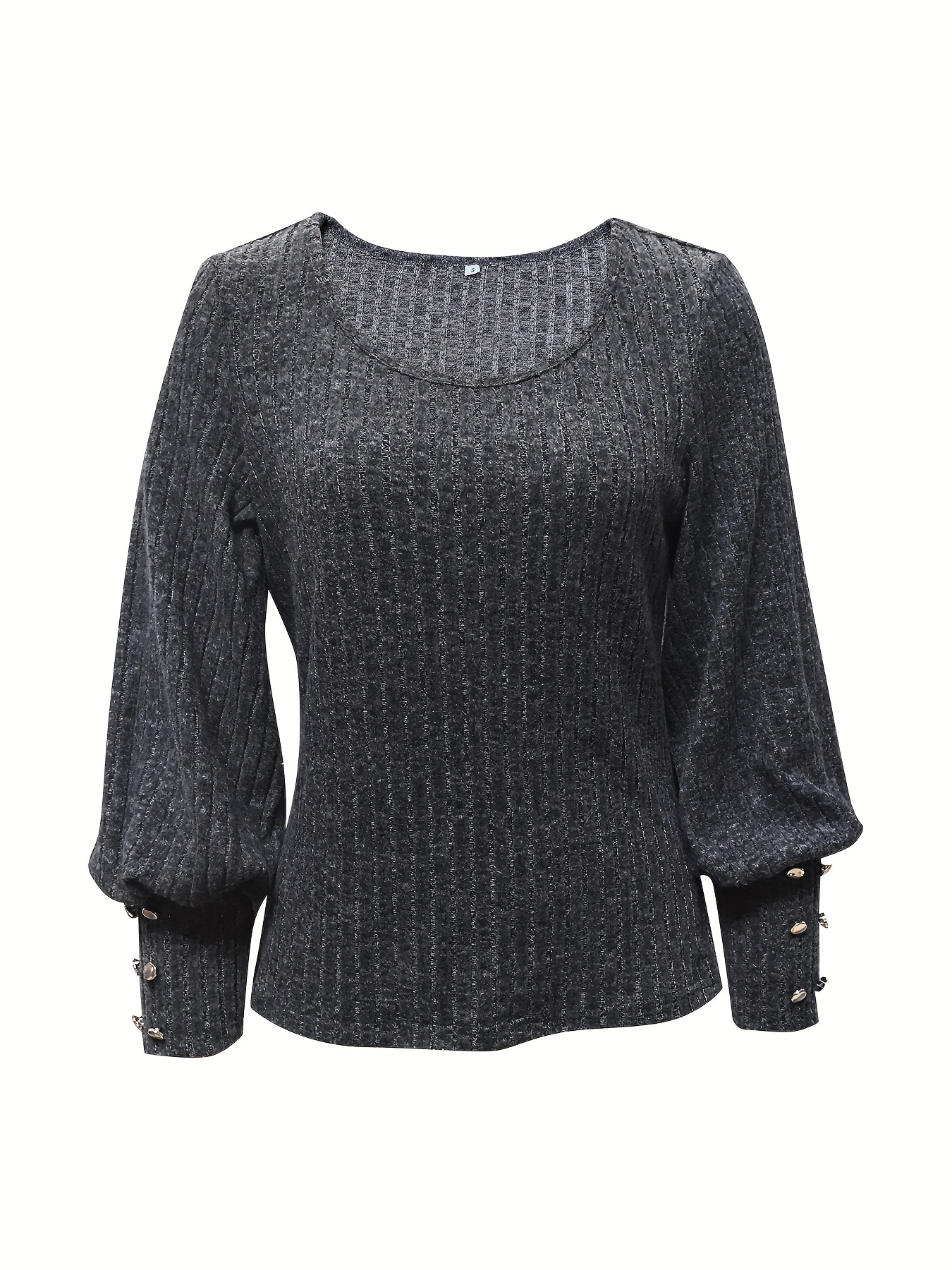 solid ribbed crew neck sweater casual long sleeve button decor sweater womens clothing details 27