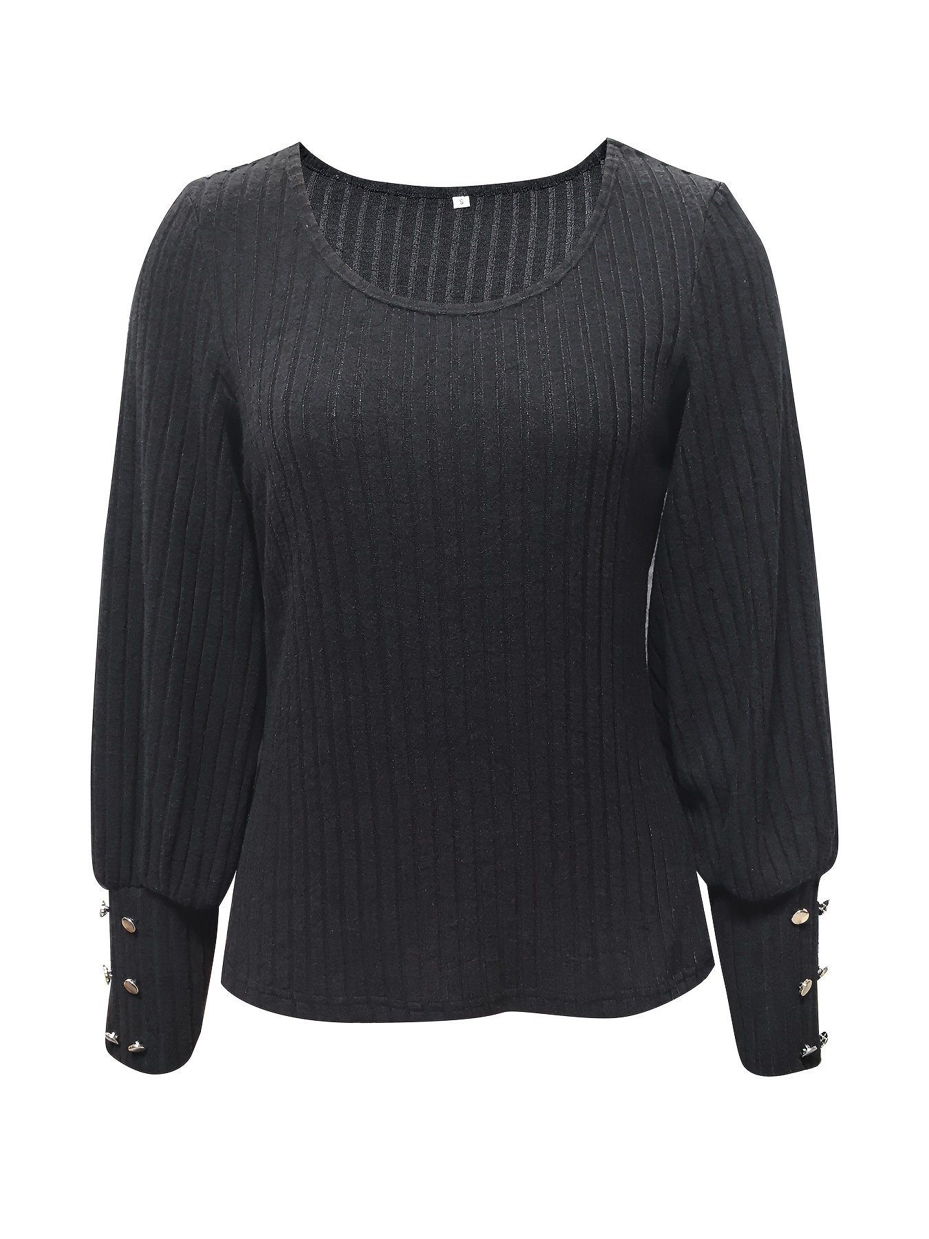 solid ribbed crew neck sweater casual long sleeve button decor sweater womens clothing details 32