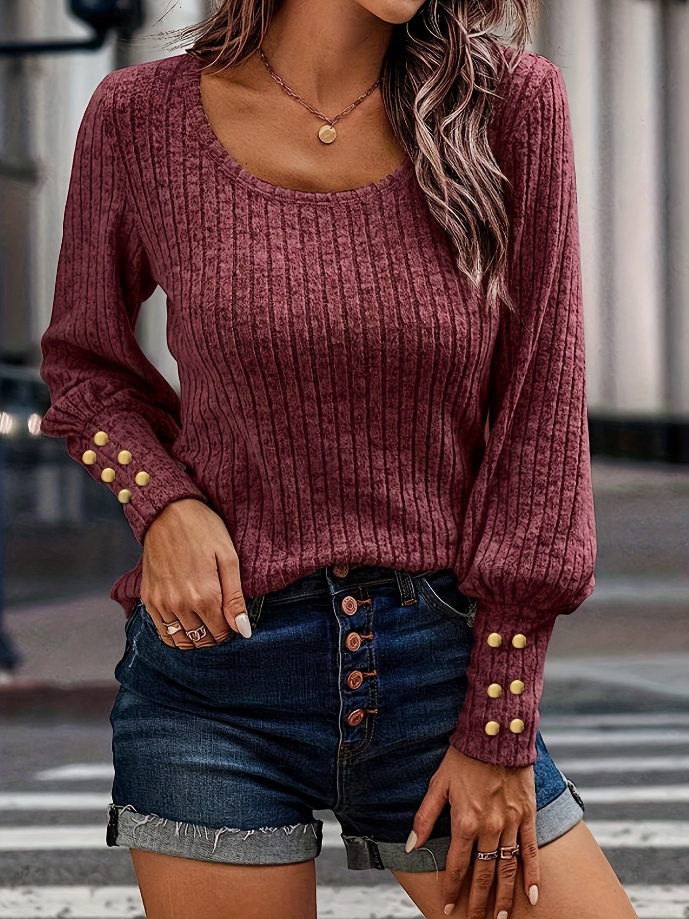 solid ribbed crew neck sweater casual long sleeve button decor sweater womens clothing details 36