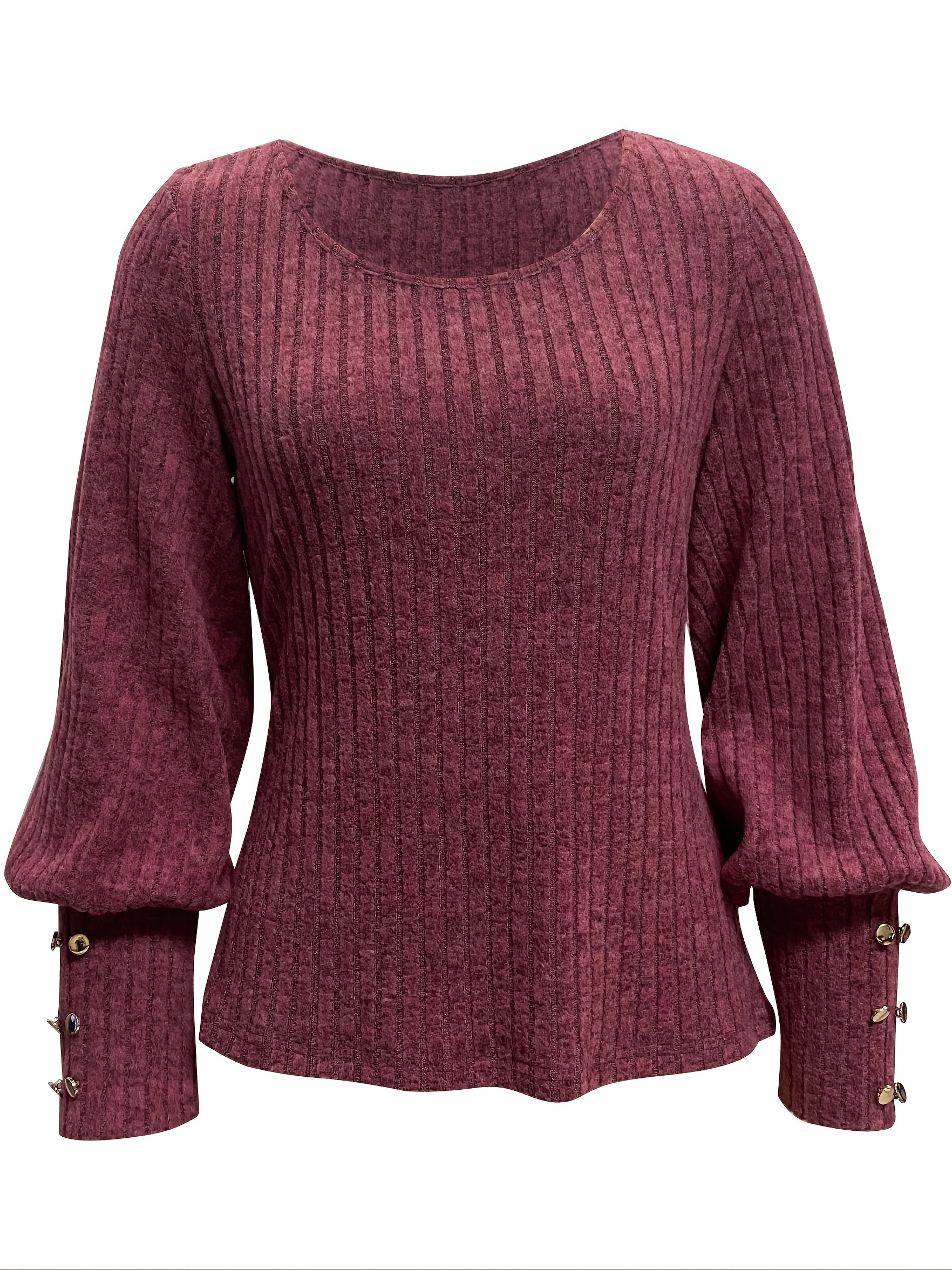solid ribbed crew neck sweater casual long sleeve button decor sweater womens clothing details 37