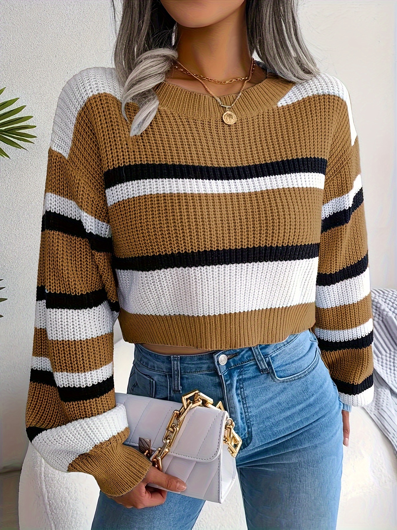 striped crew neck crop sweater casual long sleeve sweater for spring fall womens clothing details 0