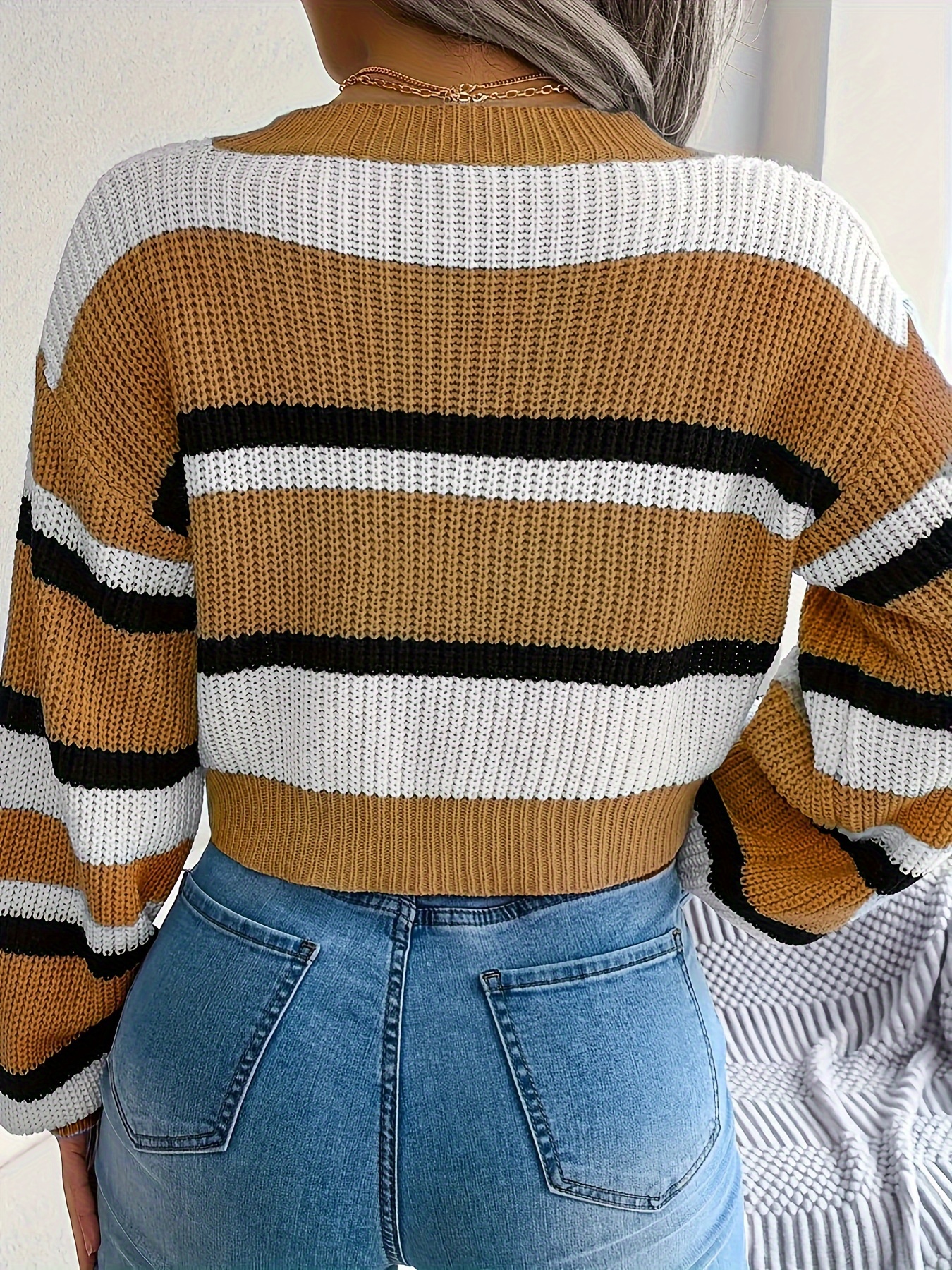 striped crew neck crop sweater casual long sleeve sweater for spring fall womens clothing details 1