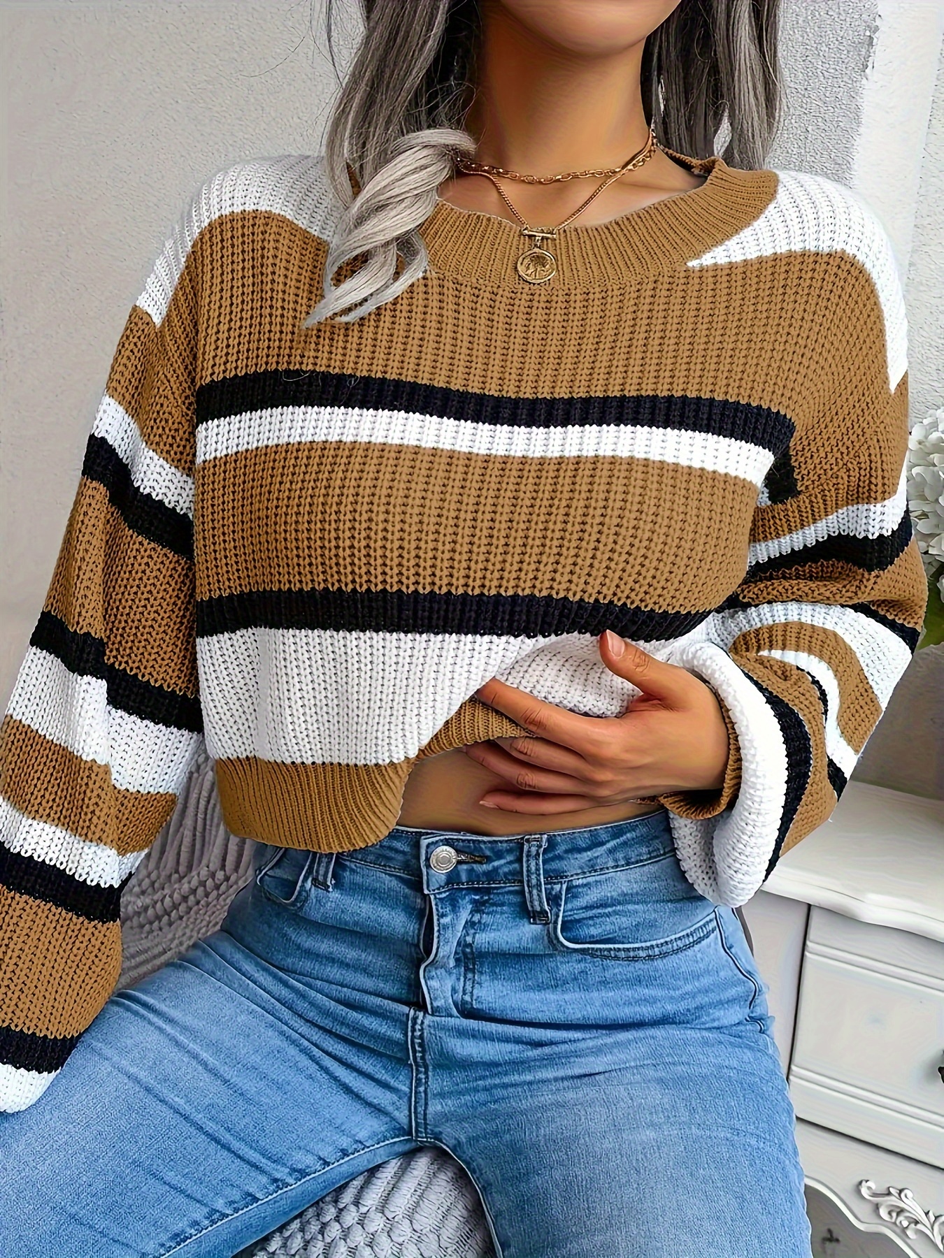 striped crew neck crop sweater casual long sleeve sweater for spring fall womens clothing details 2