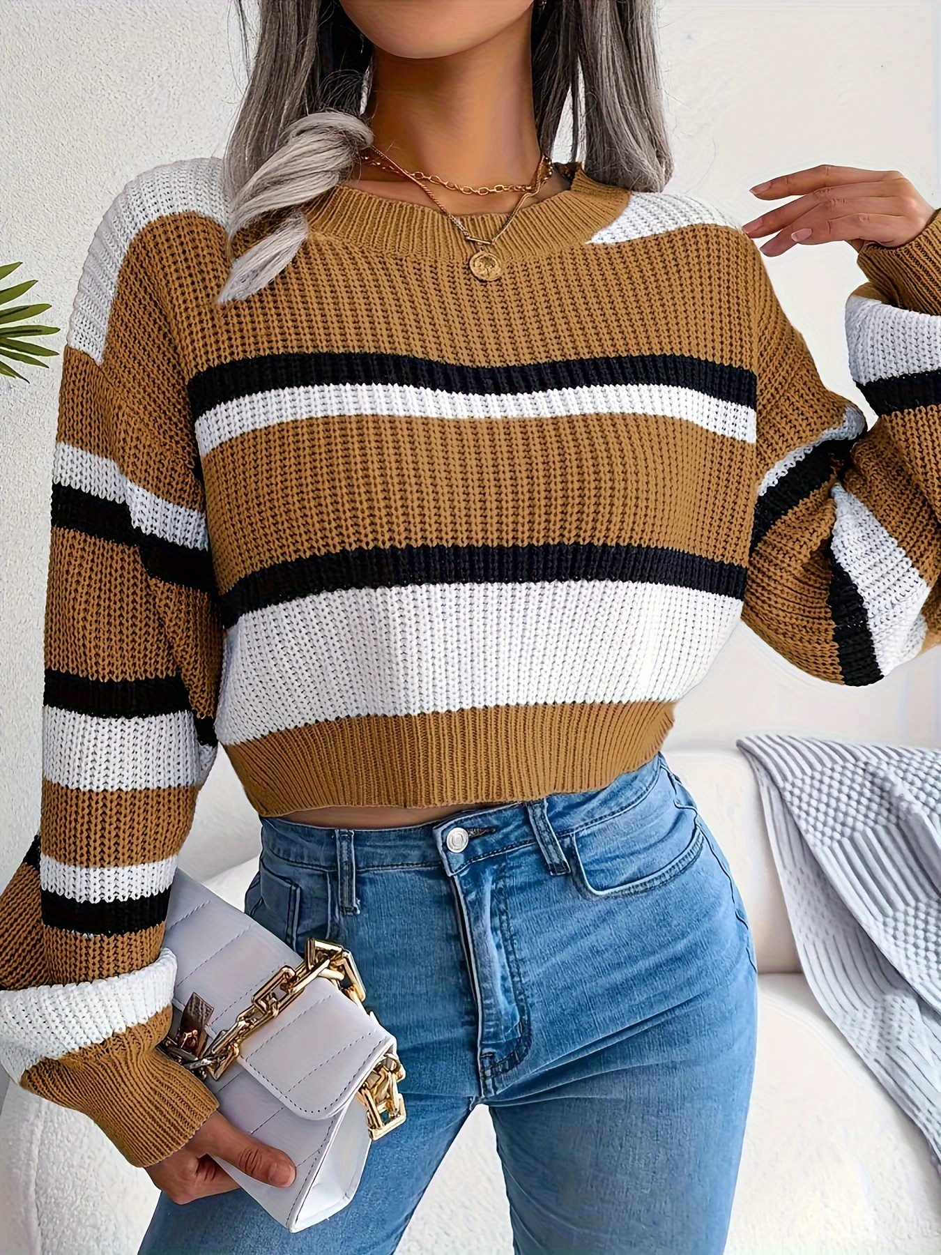 striped crew neck crop sweater casual long sleeve sweater for spring fall womens clothing details 3