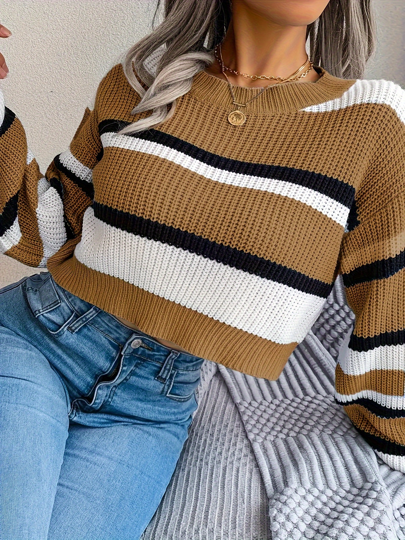striped crew neck crop sweater casual long sleeve sweater for spring fall womens clothing details 4