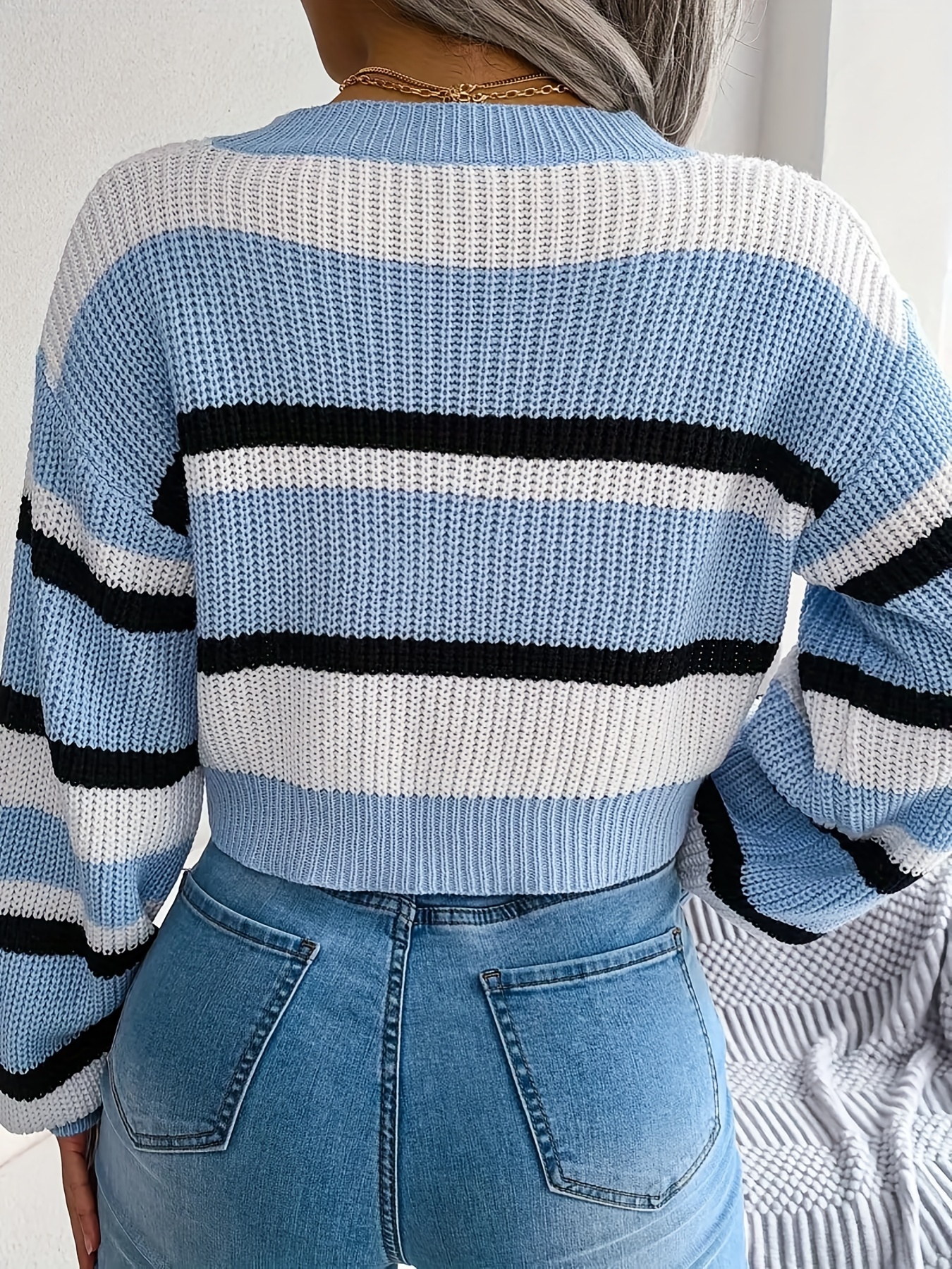 striped crew neck crop sweater casual long sleeve sweater for spring fall womens clothing details 6