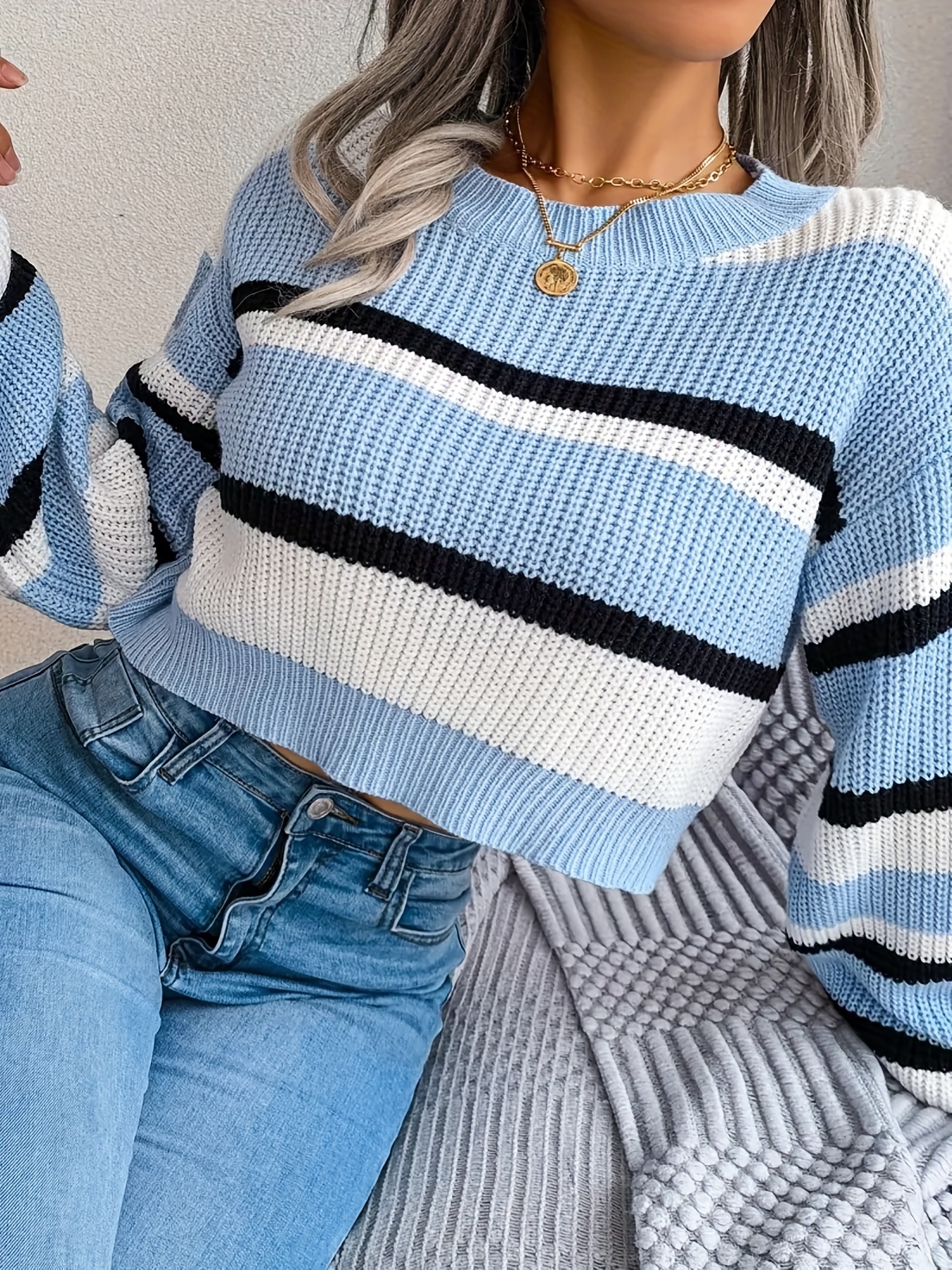 striped crew neck crop sweater casual long sleeve sweater for spring fall womens clothing details 8