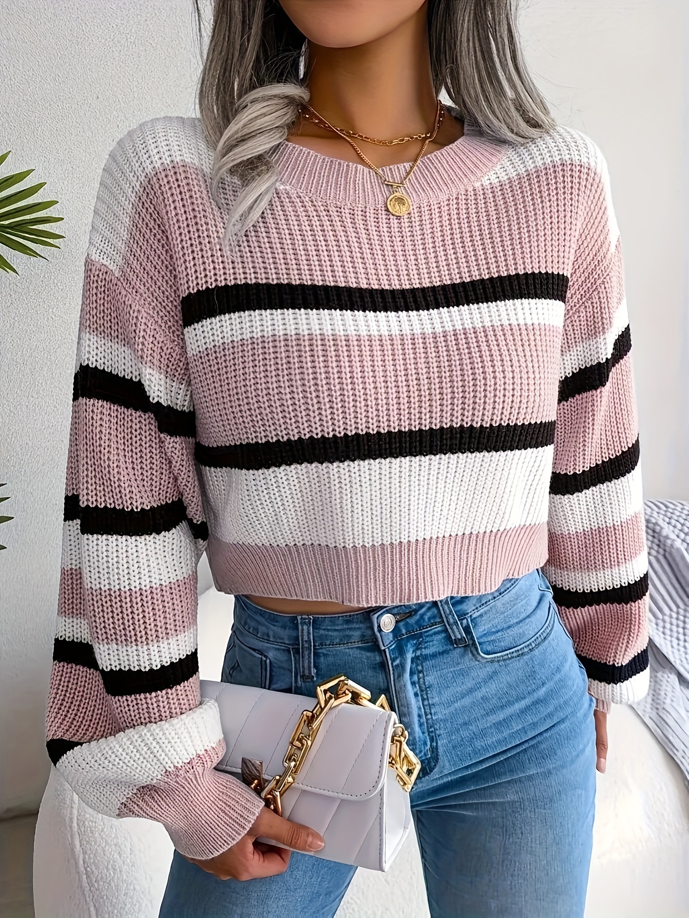 striped crew neck crop sweater casual long sleeve sweater for spring fall womens clothing details 10