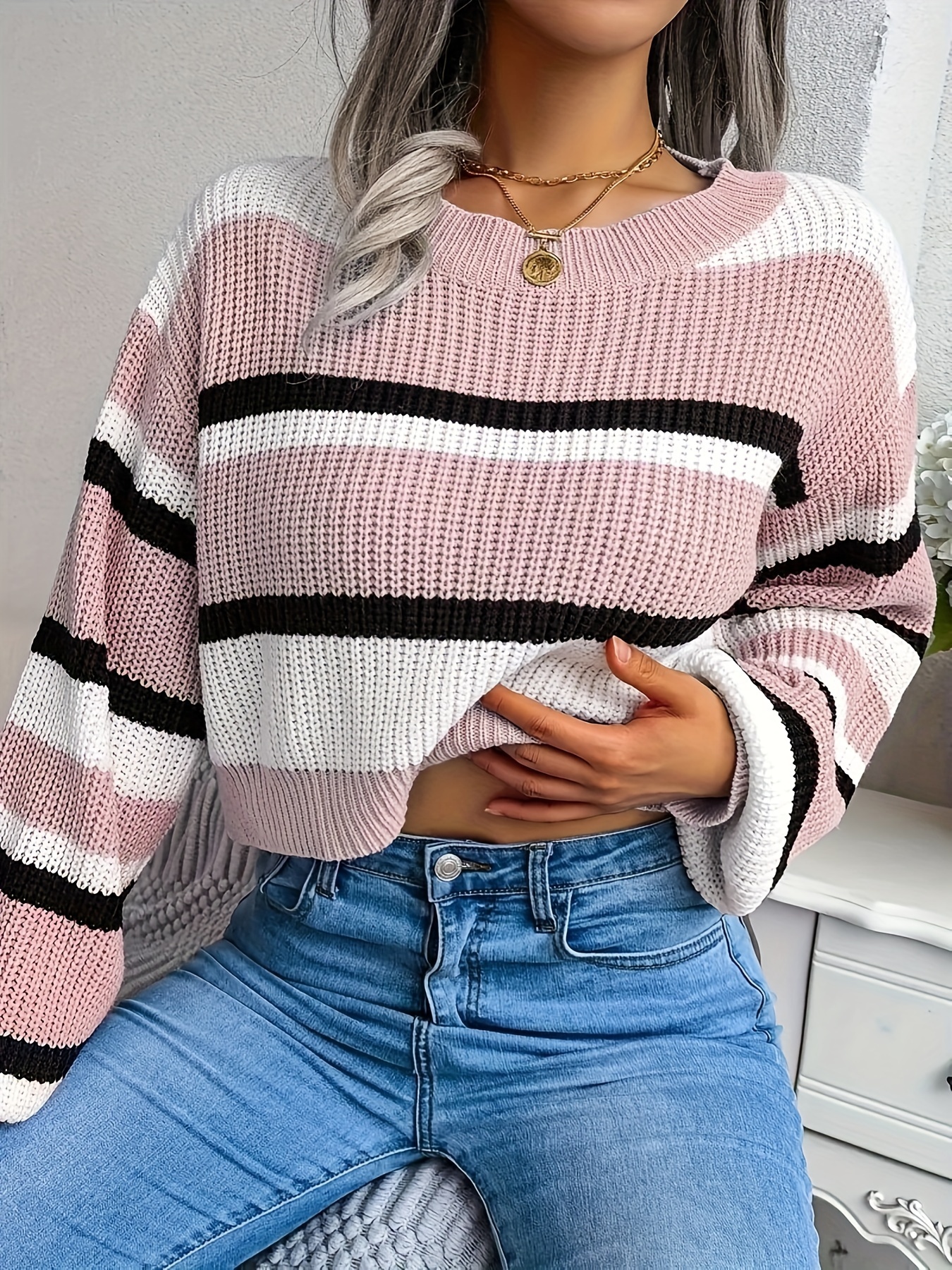 striped crew neck crop sweater casual long sleeve sweater for spring fall womens clothing details 11
