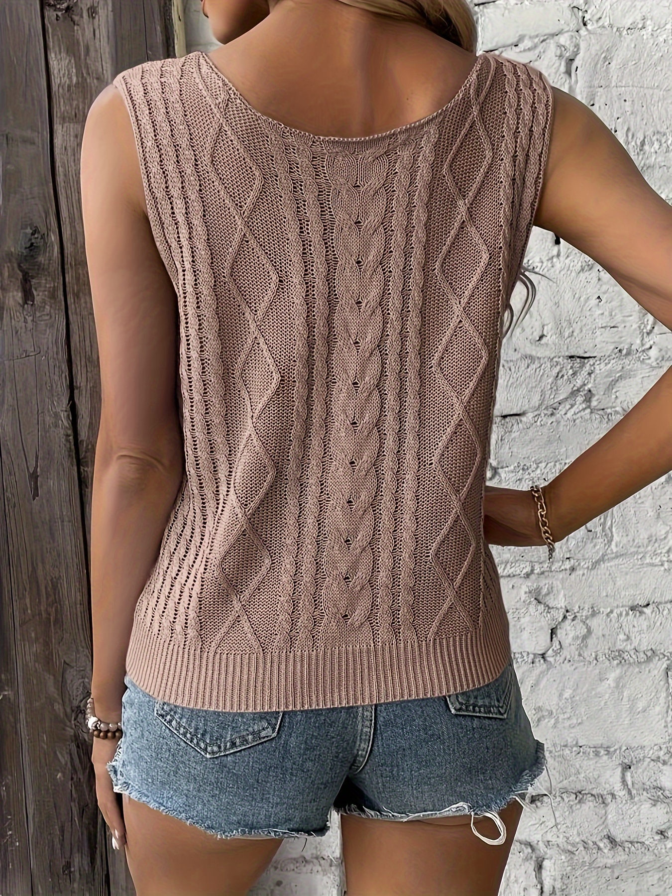 solid knitted tank top casual sleeveless v neck vest womens clothing details 1