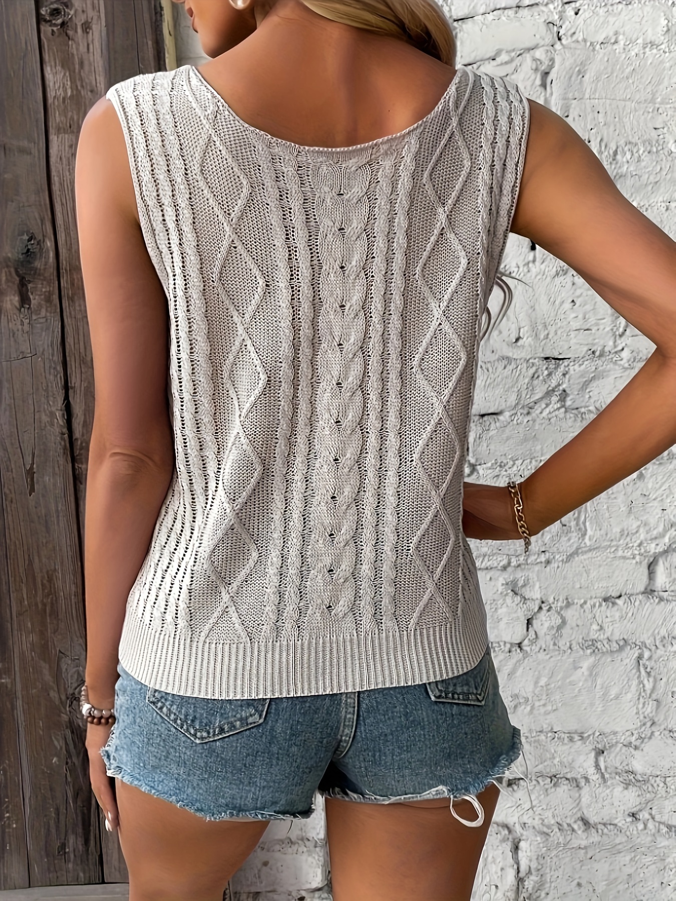 solid knitted tank top casual sleeveless v neck vest womens clothing details 7