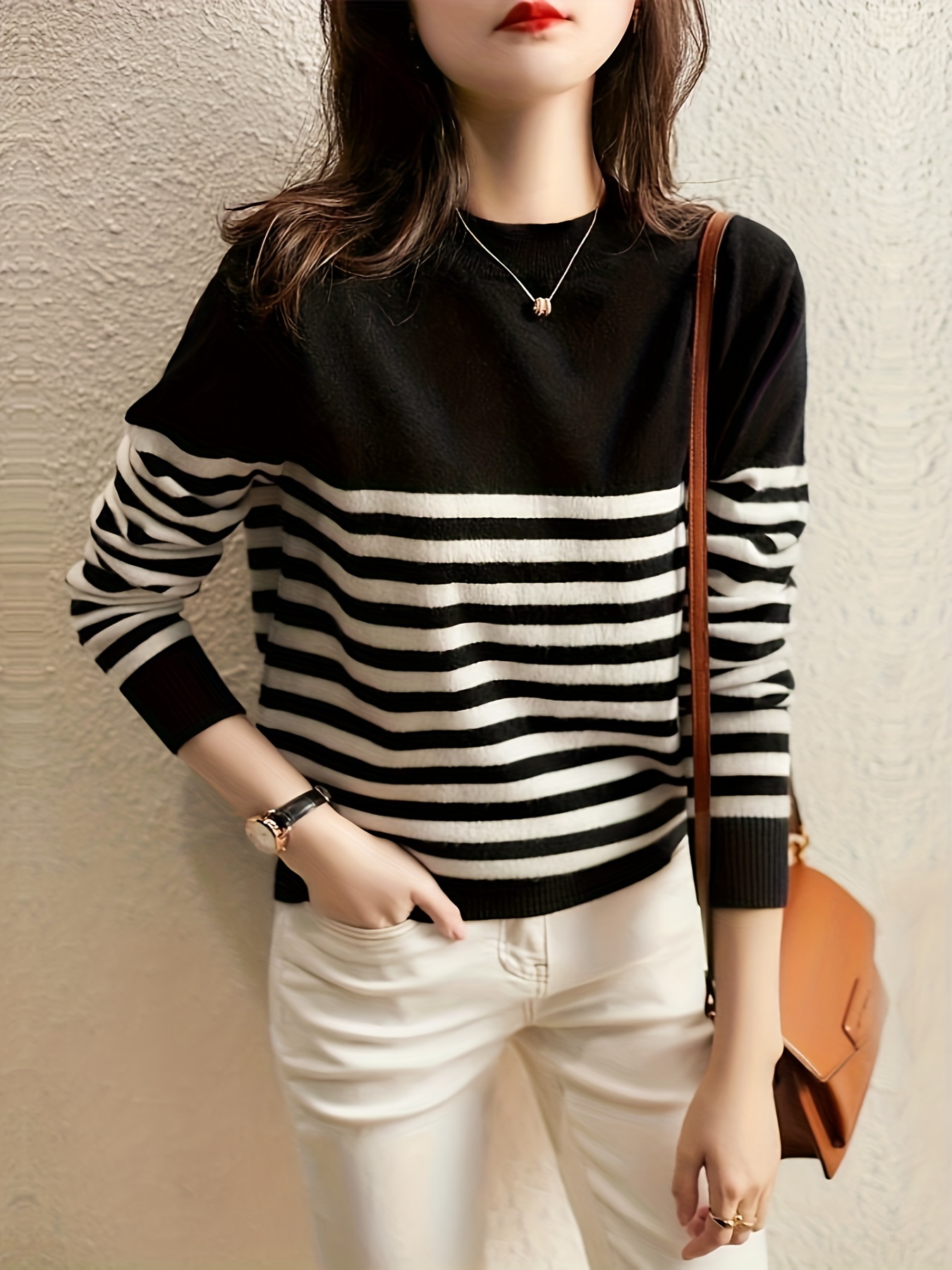 striped crew neck pullover sweater casual long sleeve versatile sweater womens clothing details 0
