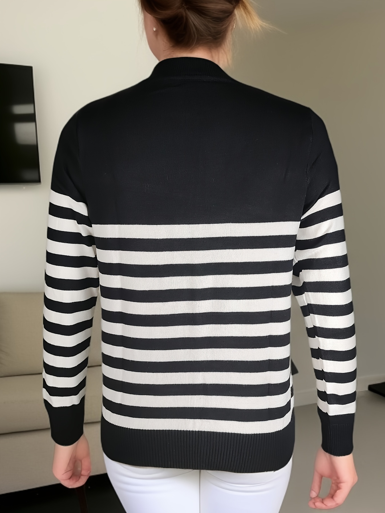 striped crew neck pullover sweater casual long sleeve versatile sweater womens clothing details 1