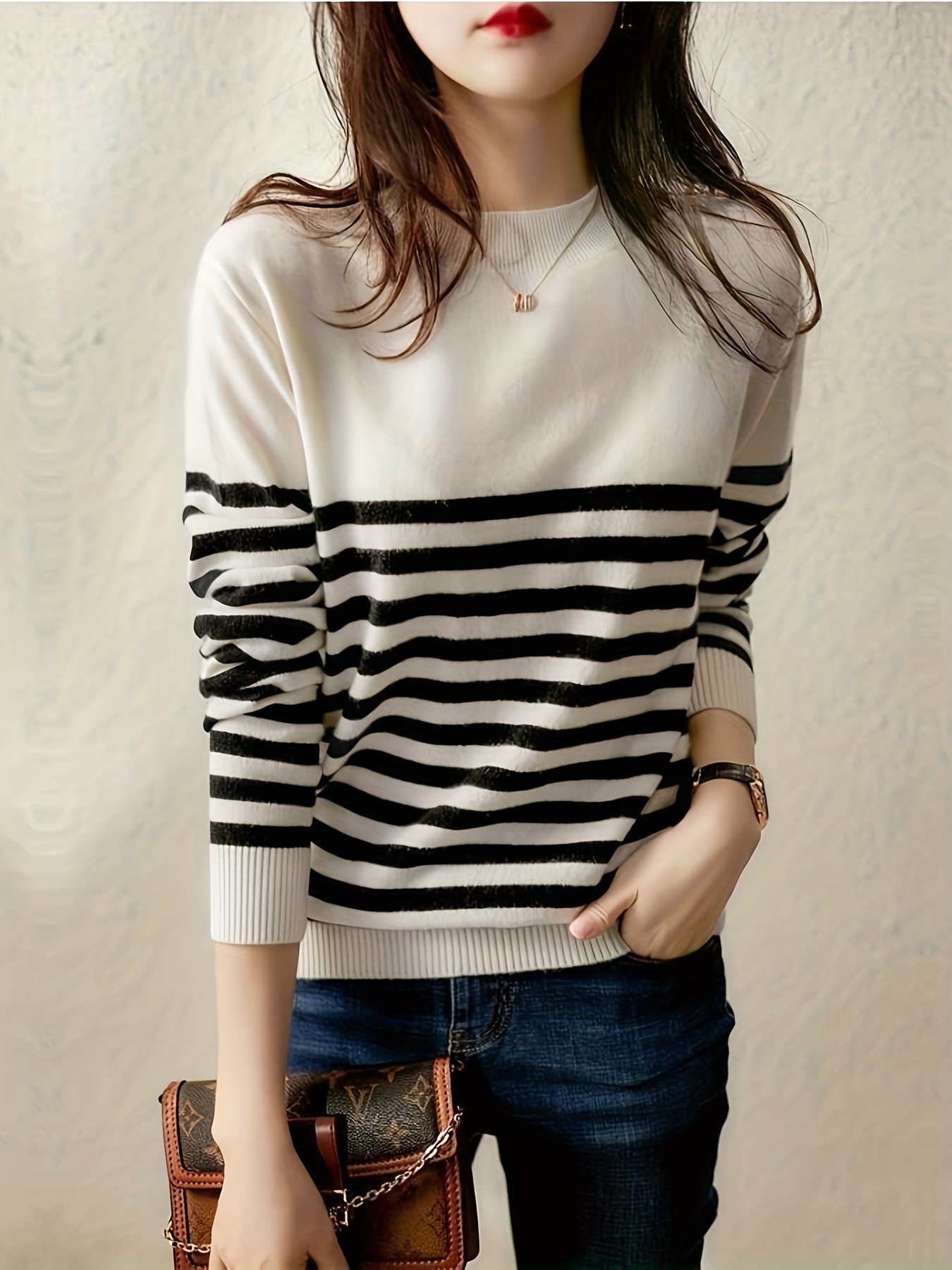 striped crew neck pullover sweater casual long sleeve versatile sweater womens clothing details 3